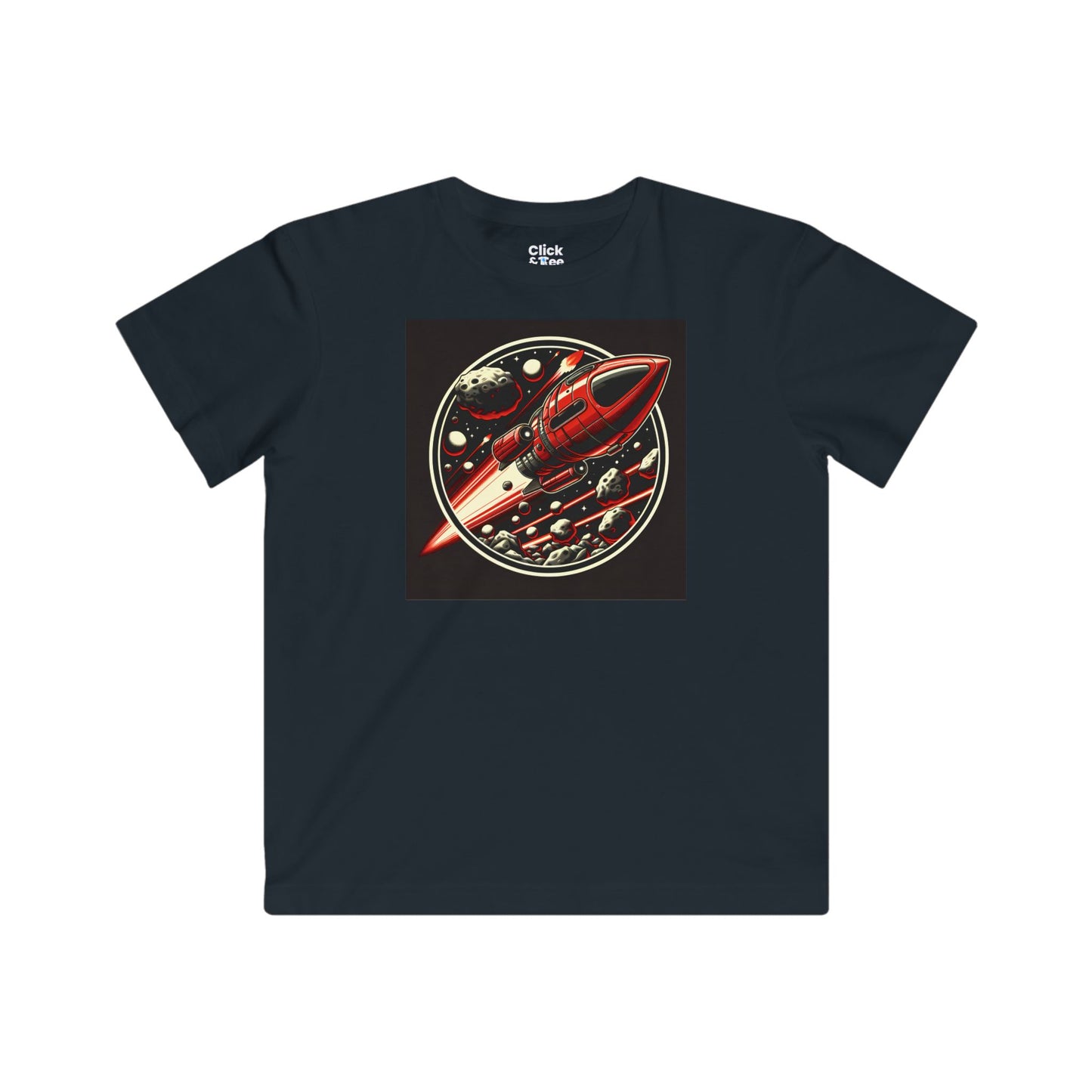 Kids Realistic T-Shirt - Retro-Futuristic Red Rocketship Racing through a treacherous asteroid field - Realistic Style T-Shirt