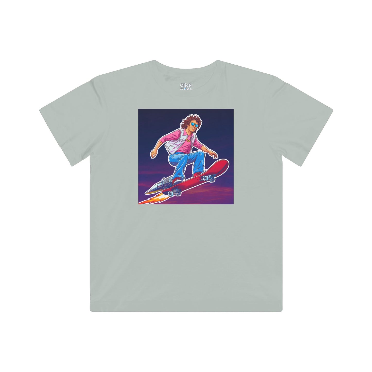 Kids 80s Neon T-Shirt - Tousled Adventurer Riding a Rocket-Powered Skateboard - 80s Neon Style T-Shirt