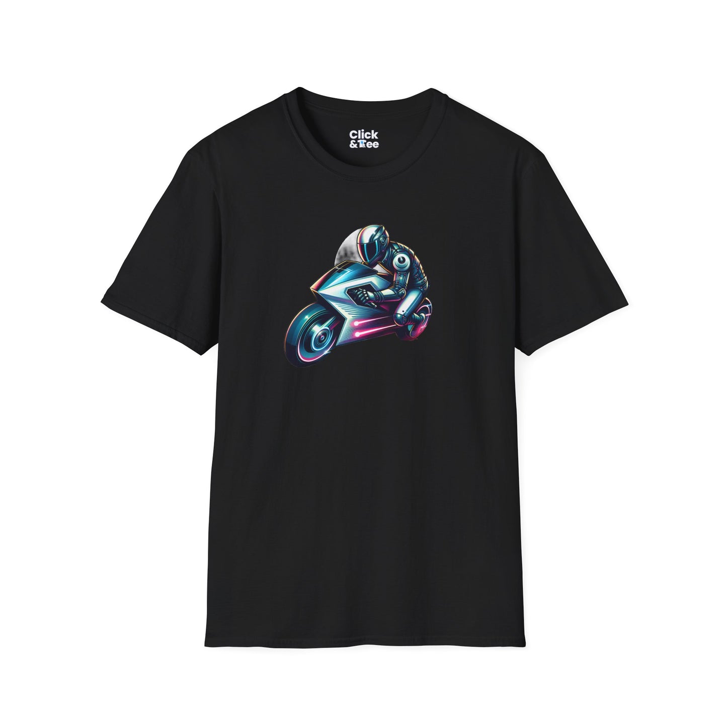 Synthwave T-Shirt - Futuristic Racer Riding a futuristic light bike - Synthwave Style T-Shirt