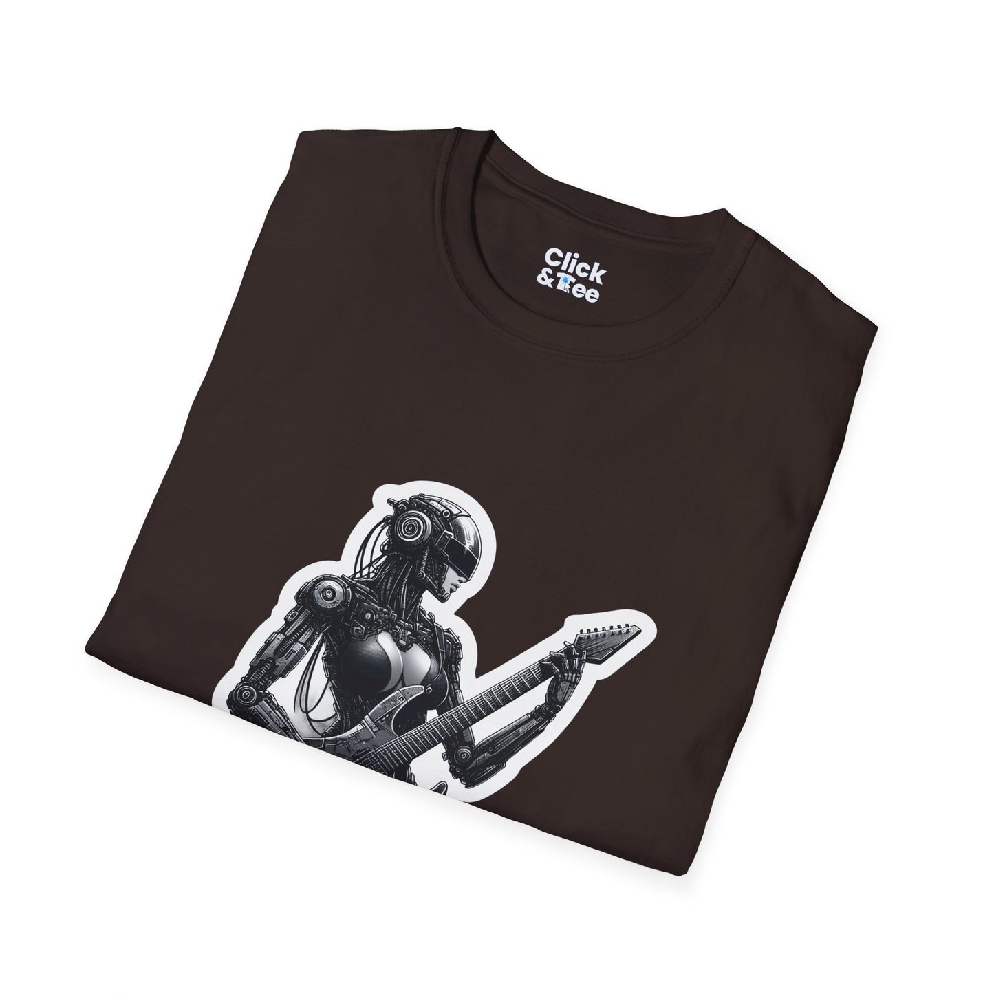 Cyberpunk T-Shirt - Post-Apocalyptic Futuristic Female Robot Playing an electric guitar - Cyberpunk Style T-Shirt