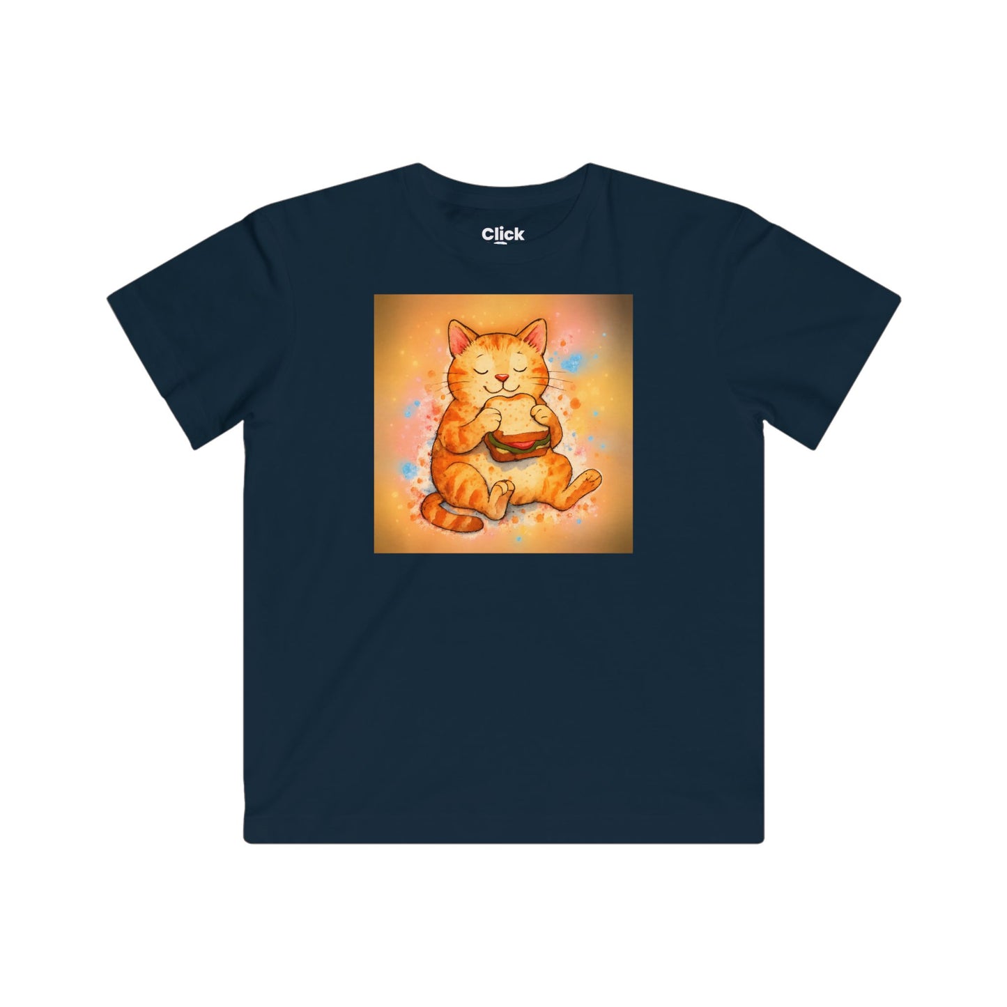Kids Color Splatter T-Shirt - Relaxed Cat Eating a Sandwhich - Color Splatter Style T-Shirt