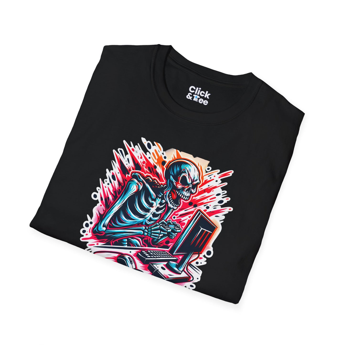 Color Splatter T-Shirt - Raging Skeleton Playing video games - Color Splatter Style T-Shirt