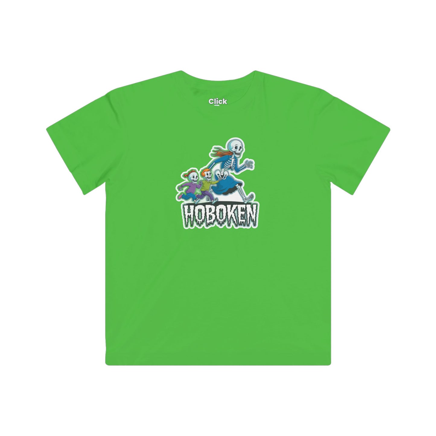 Kids Cartoon T-Shirt - Spooky Letter Art with a Skeleton Mom Chasing her Kids - Cartoon Style T-Shirt