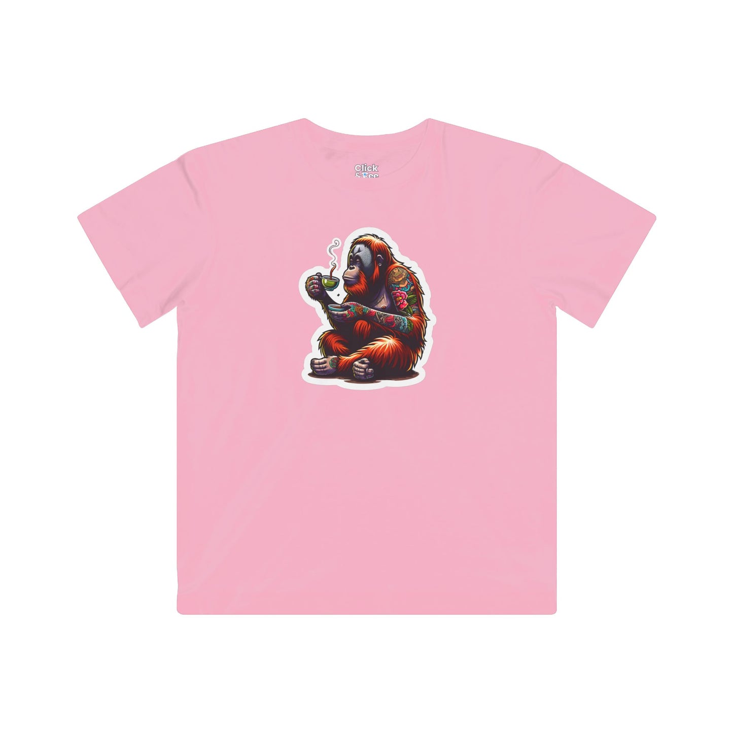 Kids Color Splatter T-Shirt - Tattooed Orangutan Drinking Tea - Color Splatter Style T-Shirt