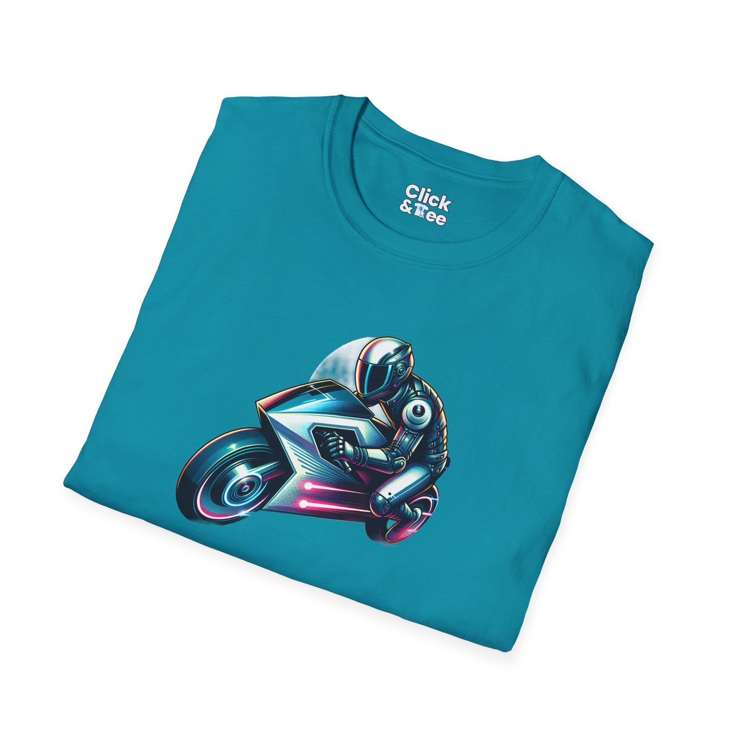 Synthwave T-Shirt - Futuristic Racer Riding a futuristic light bike - Synthwave Style T-Shirt