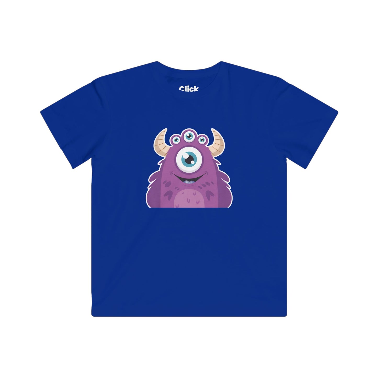 Kids Cartoon T-Shirt - Purple Monster Three eyes with horns and smiling - Cartoon Style T-Shirt