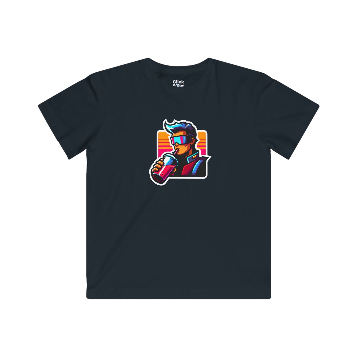Kids Cartoon T-Shirt - Retro-futuristic Maverick Drinking a Smoothie - Cartoon Style T-Shirt