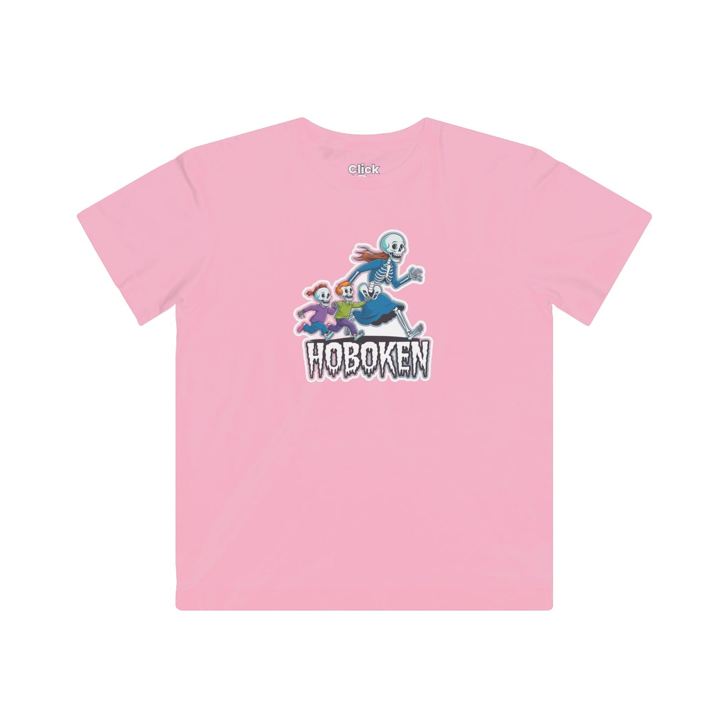Kids Cartoon T-Shirt - Spooky Letter Art with a Skeleton Mom Chasing her Kids - Cartoon Style T-Shirt