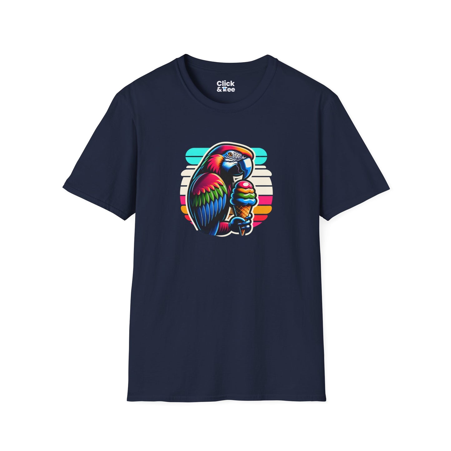80s Neon T-Shirt - Tropical Parrot Eating rainbow ice cream - 80s Neon Style T-Shirt