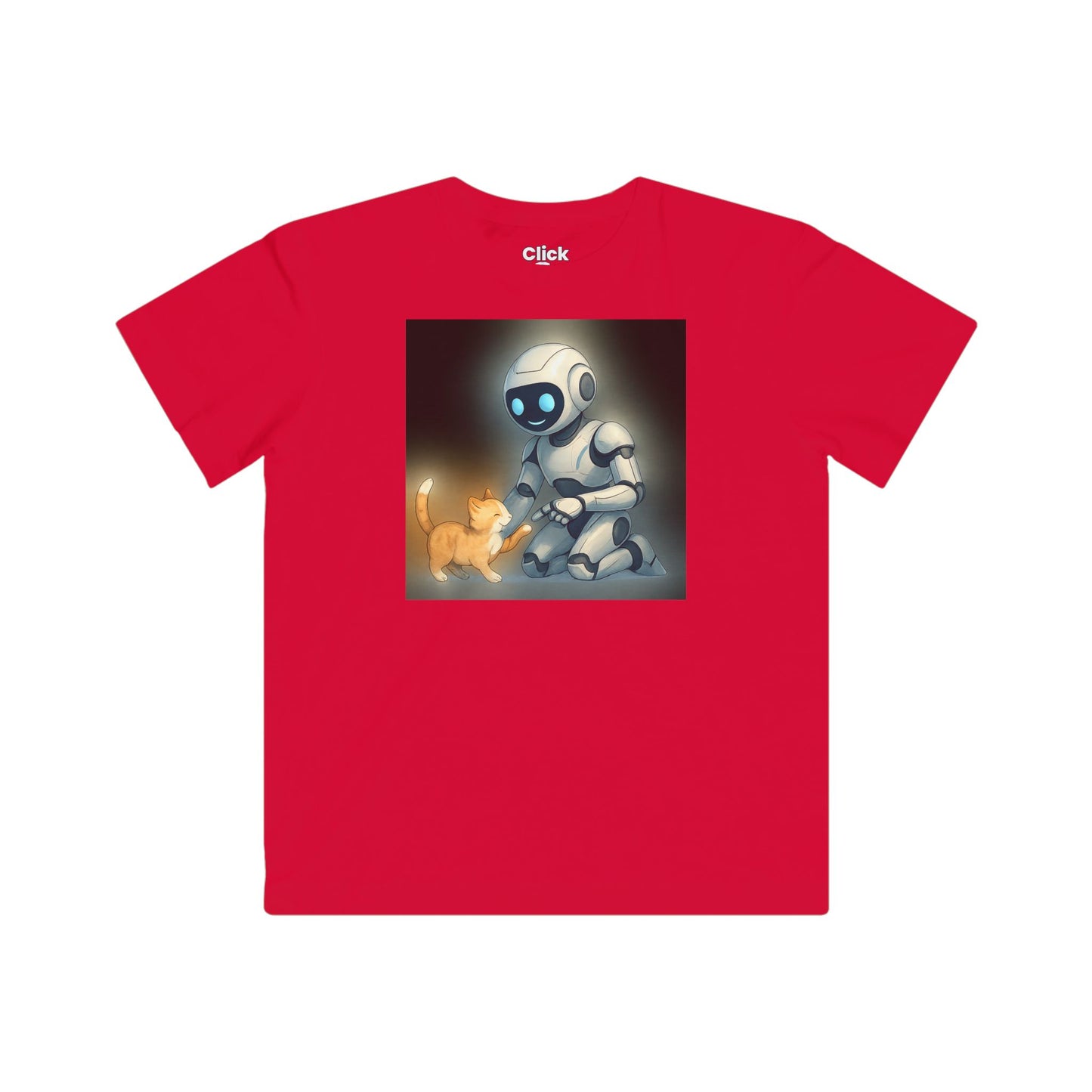 Kids Futuristic T-Shirt - Happy AI Humanoid Robot Playing with a kitten - Futuristic Style T-Shirt