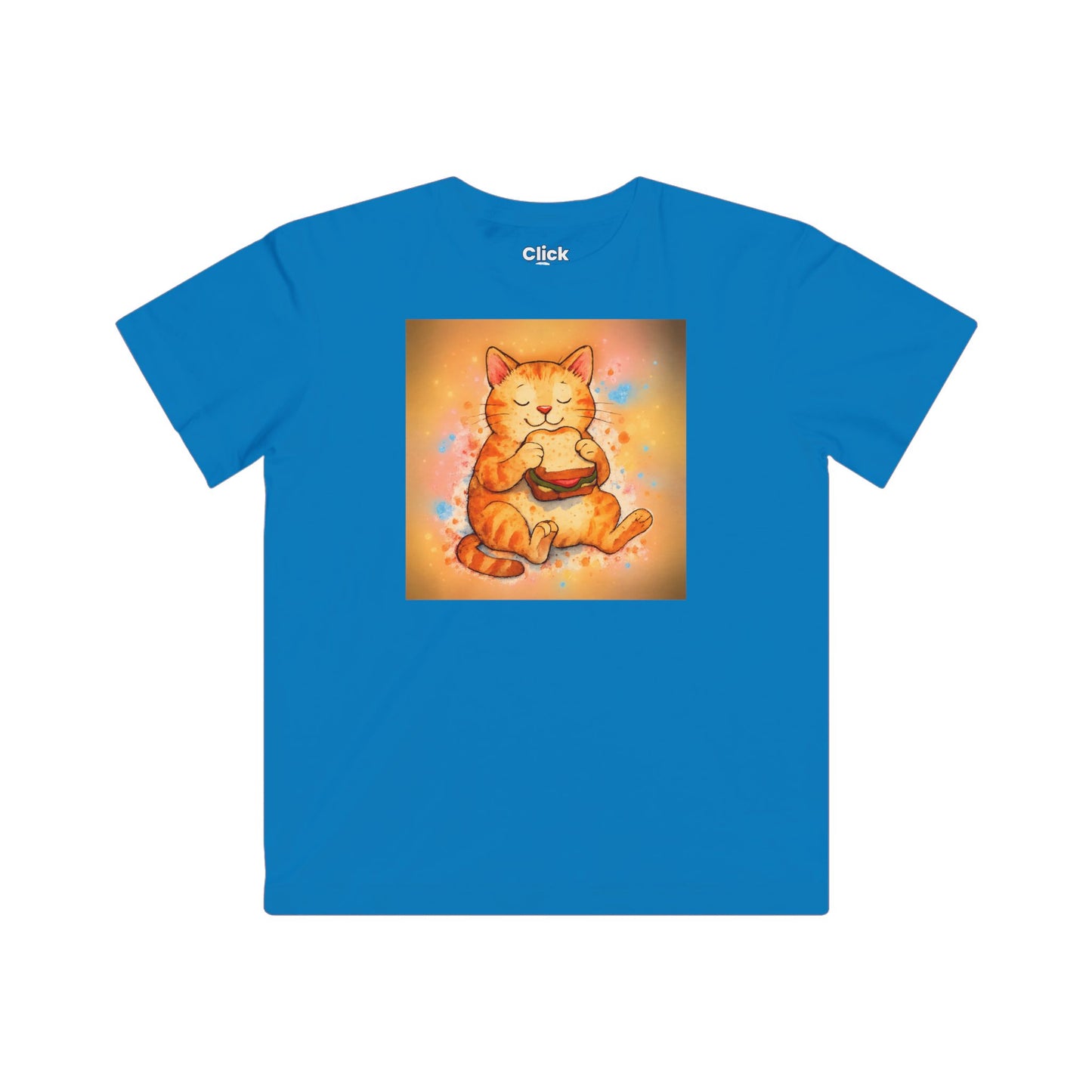 Kids Color Splatter T-Shirt - Relaxed Cat Eating a Sandwhich - Color Splatter Style T-Shirt