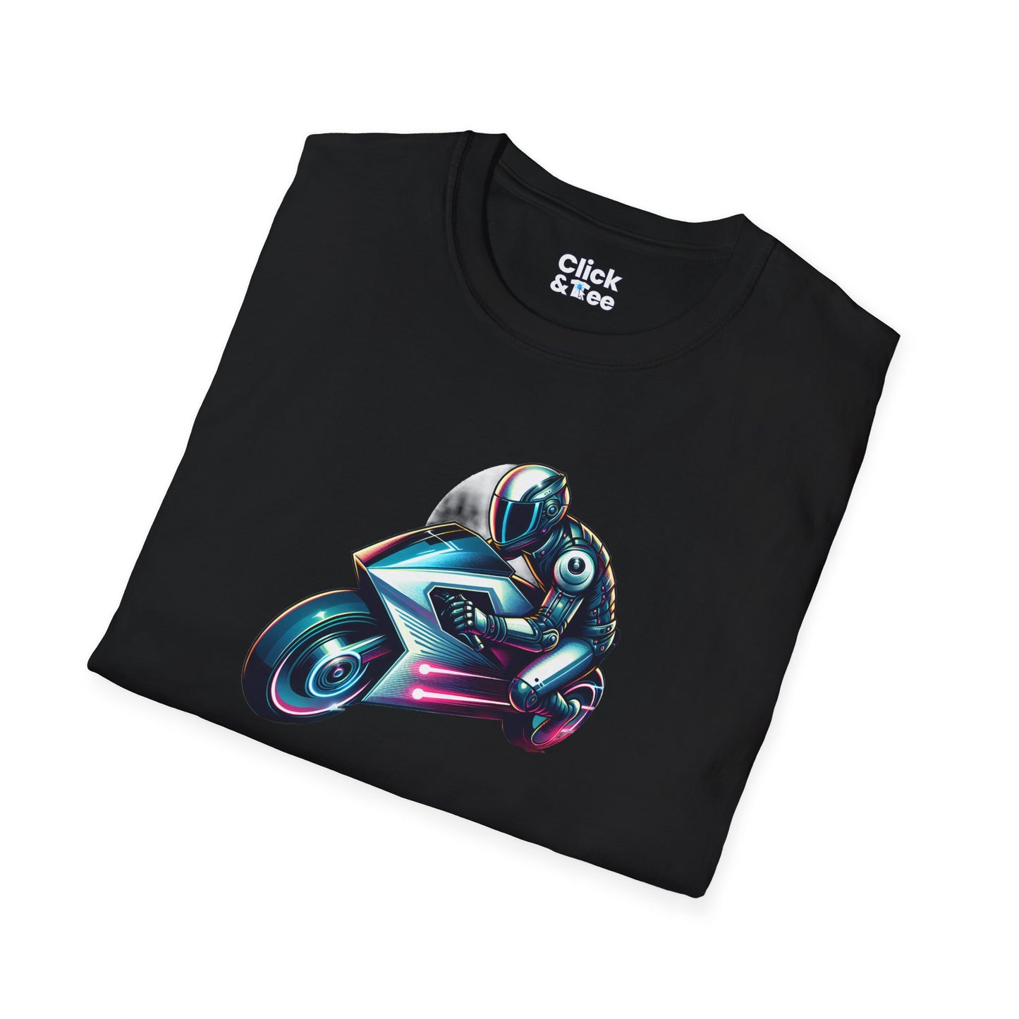 Synthwave T-Shirt - Futuristic Racer Riding a futuristic light bike - Synthwave Style T-Shirt