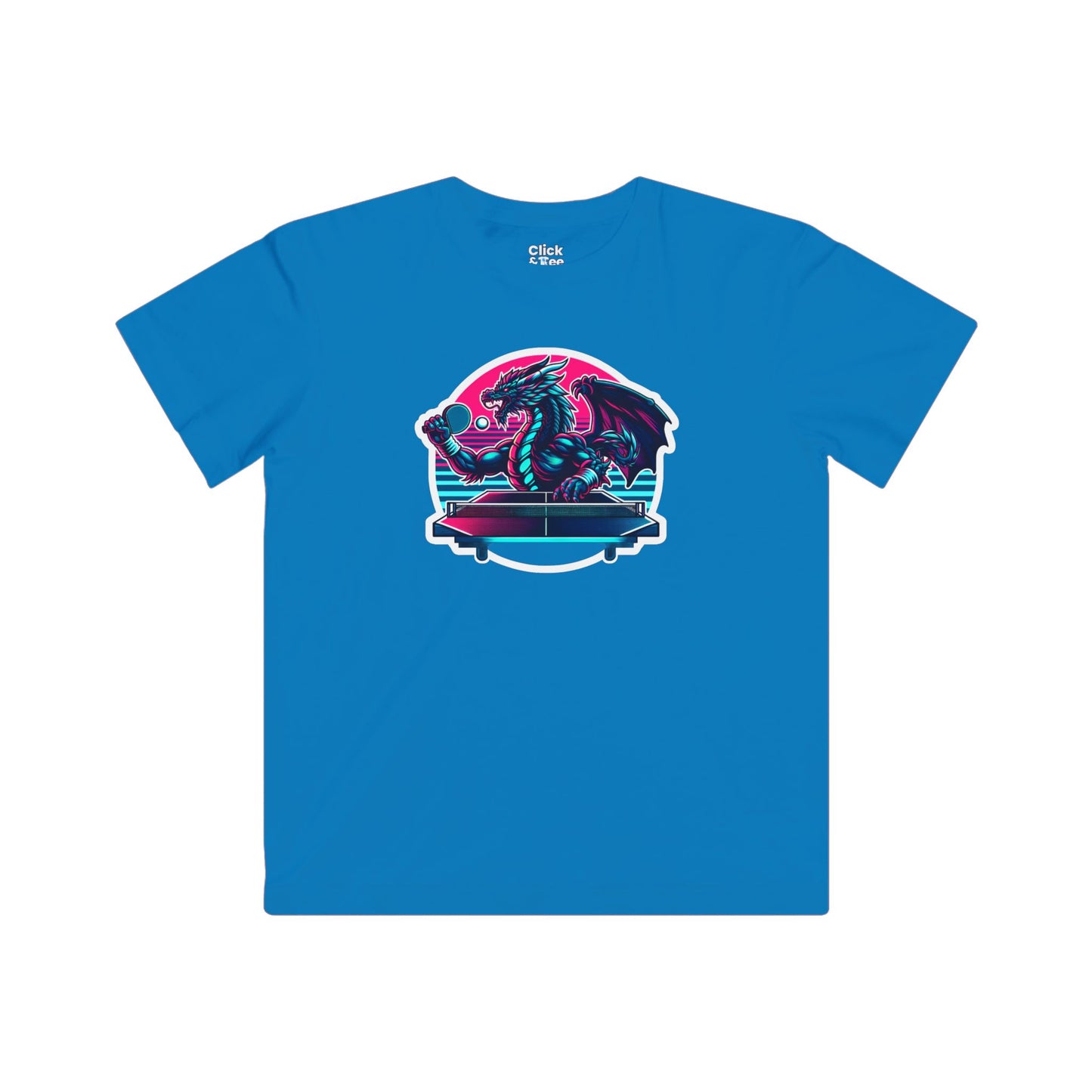 Kids Synthwave T-Shirt - Powerful Dragon Playing Ping Pong - Synthwave Style T-Shirt