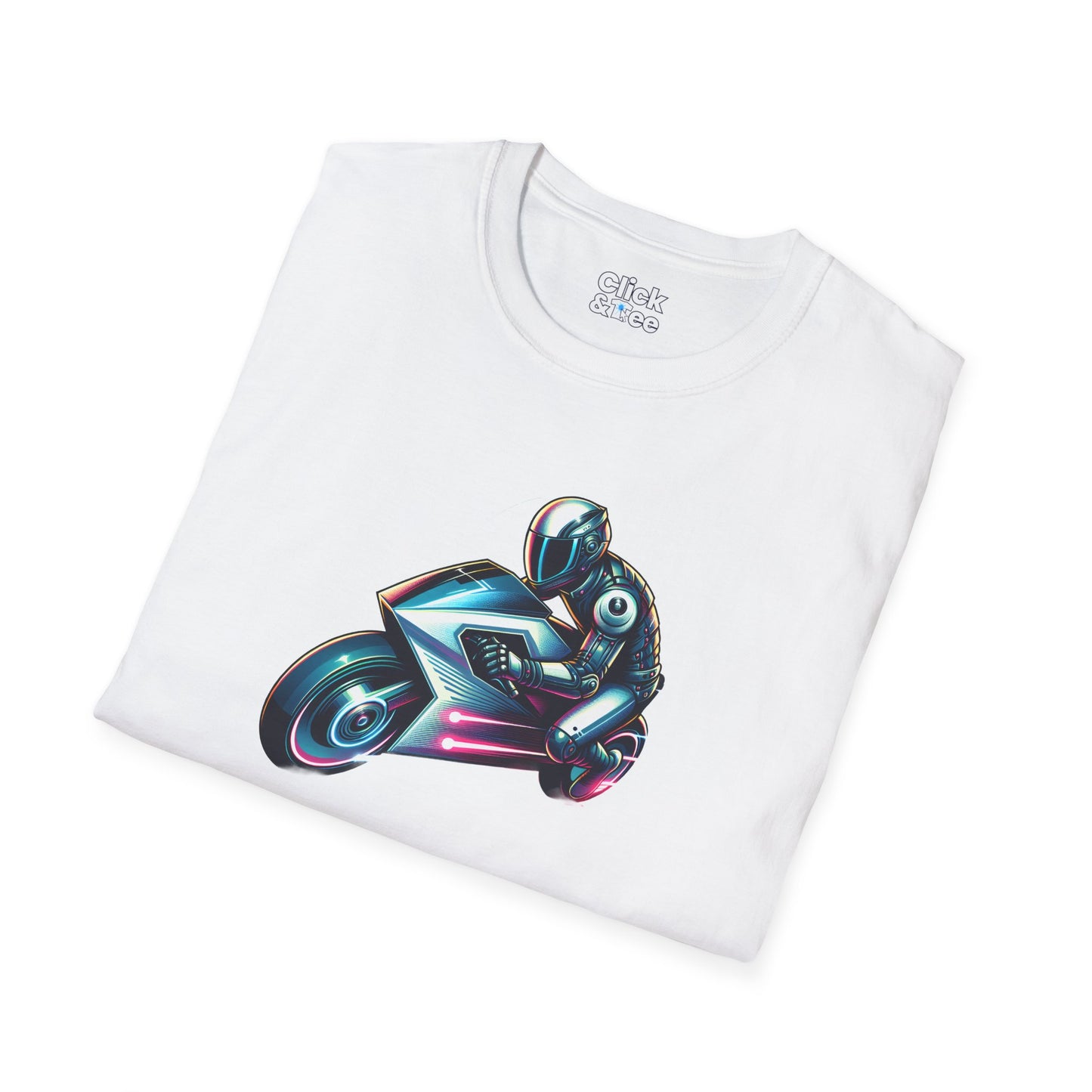 Synthwave T-Shirt - Futuristic Racer Riding a futuristic light bike - Synthwave Style T-Shirt