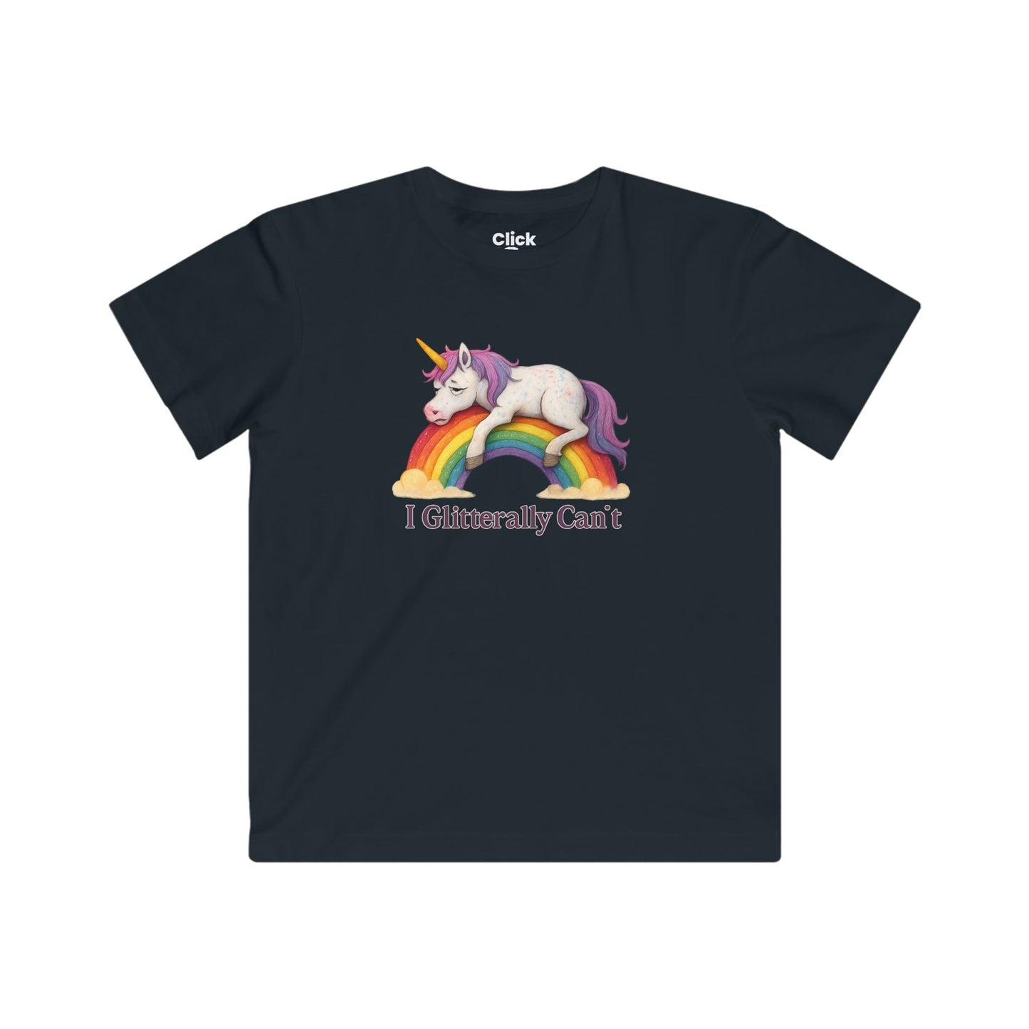 Kids Fantasy T-Shirt - Tired Glittery Magical Unicorn Lying down collapsed on a rainbow - Fantasy Style T-Shirt