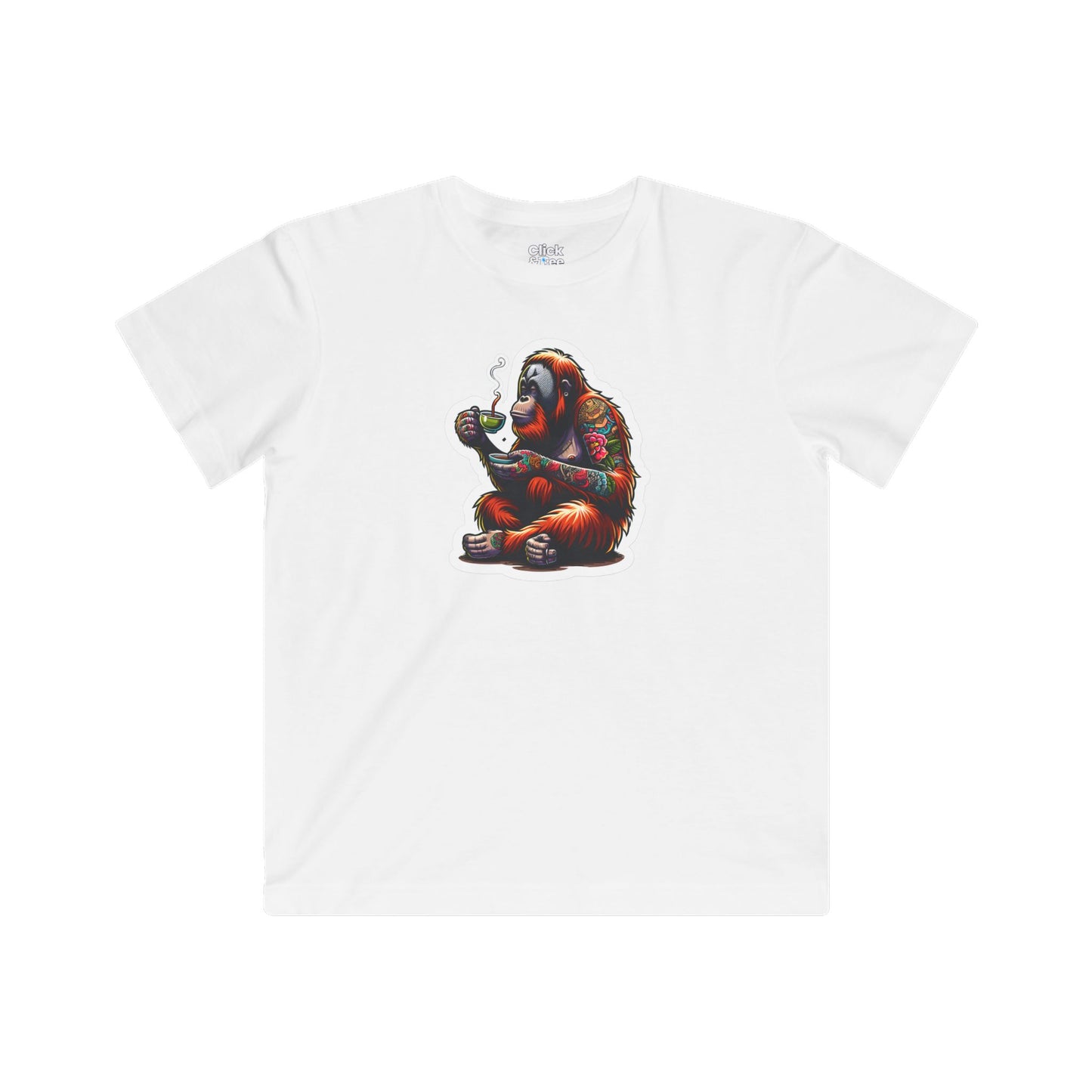 Kids Color Splatter T-Shirt - Tattooed Orangutan Drinking Tea - Color Splatter Style T-Shirt
