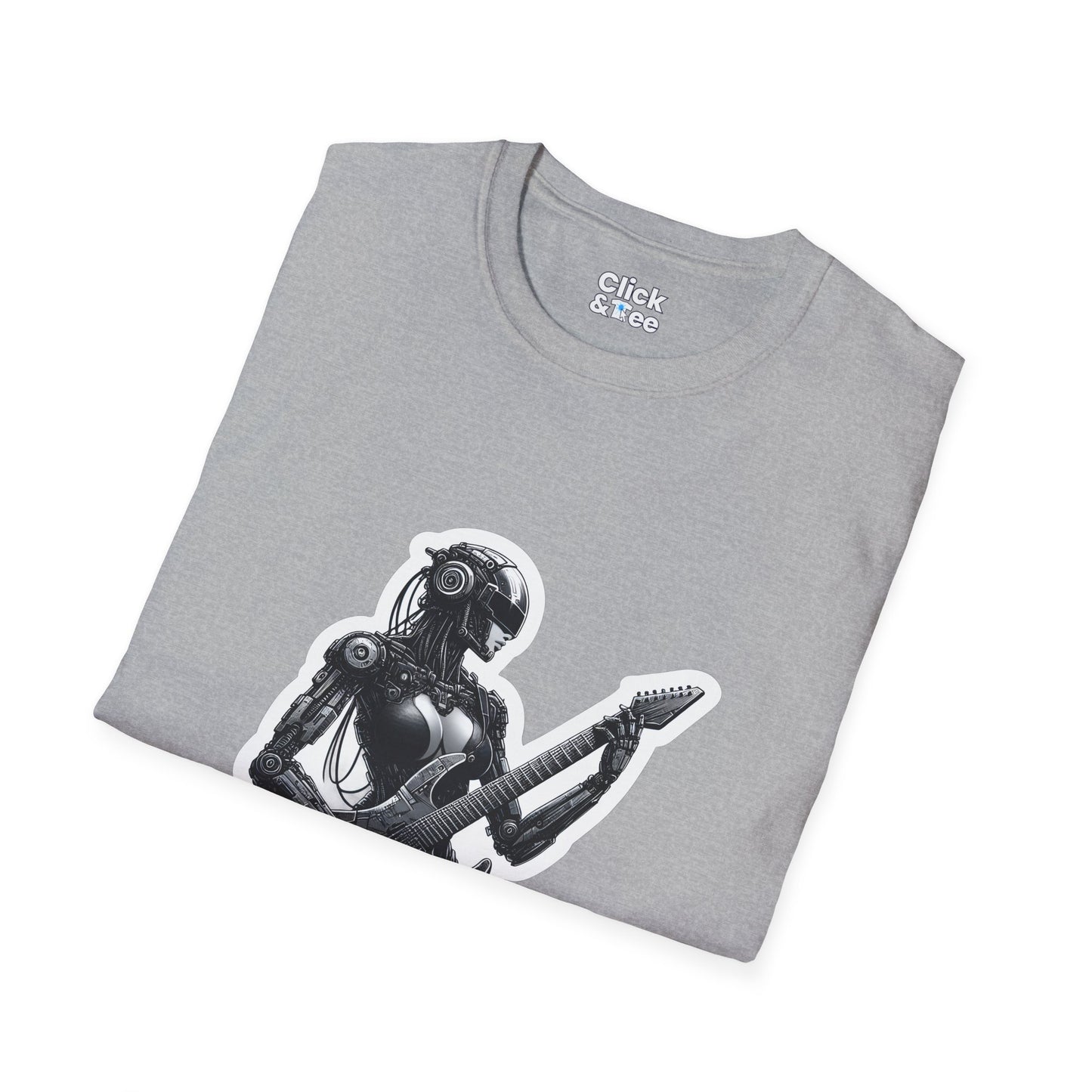 Cyberpunk T-Shirt - Post-Apocalyptic Futuristic Female Robot Playing an electric guitar - Cyberpunk Style T-Shirt