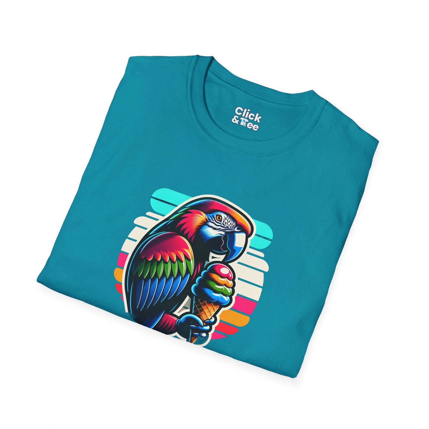80s Neon T-Shirt - Tropical Parrot Eating rainbow ice cream - 80s Neon Style T-Shirt