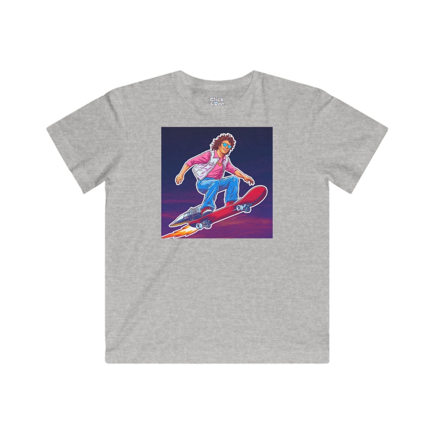 Kids 80s Neon T-Shirt - Tousled Adventurer Riding a Rocket-Powered Skateboard - 80s Neon Style T-Shirt