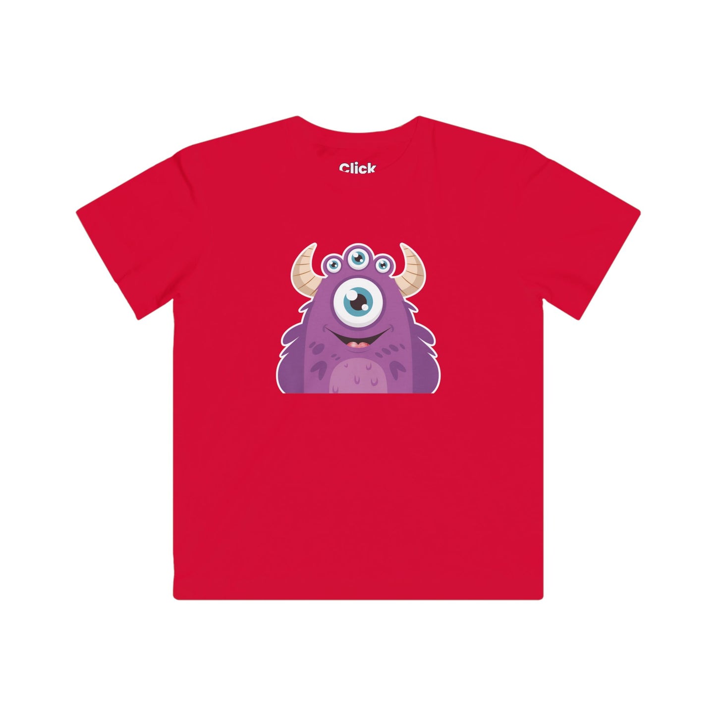 Kids Cartoon T-Shirt - Purple Monster Three eyes with horns and smiling - Cartoon Style T-Shirt