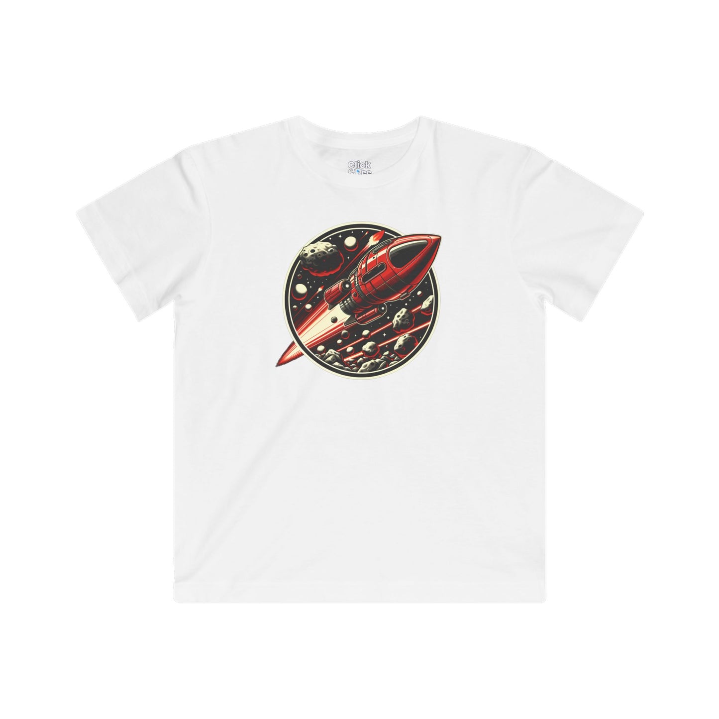 Kids Realistic T-Shirt - Retro-Futuristic Red Rocketship Racing through a treacherous asteroid field - Realistic Style T-Shirt