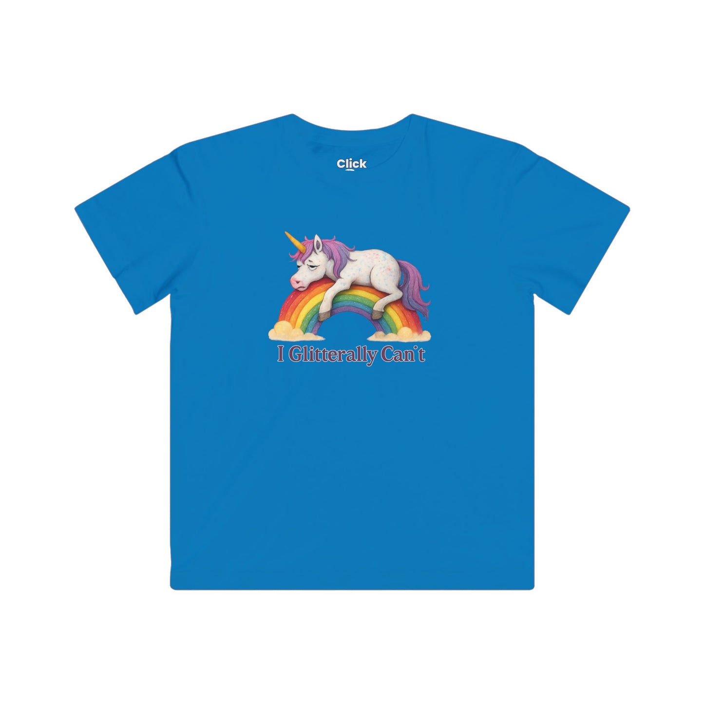 Kids Fantasy T-Shirt - Tired Glittery Magical Unicorn Lying down collapsed on a rainbow - Fantasy Style T-Shirt