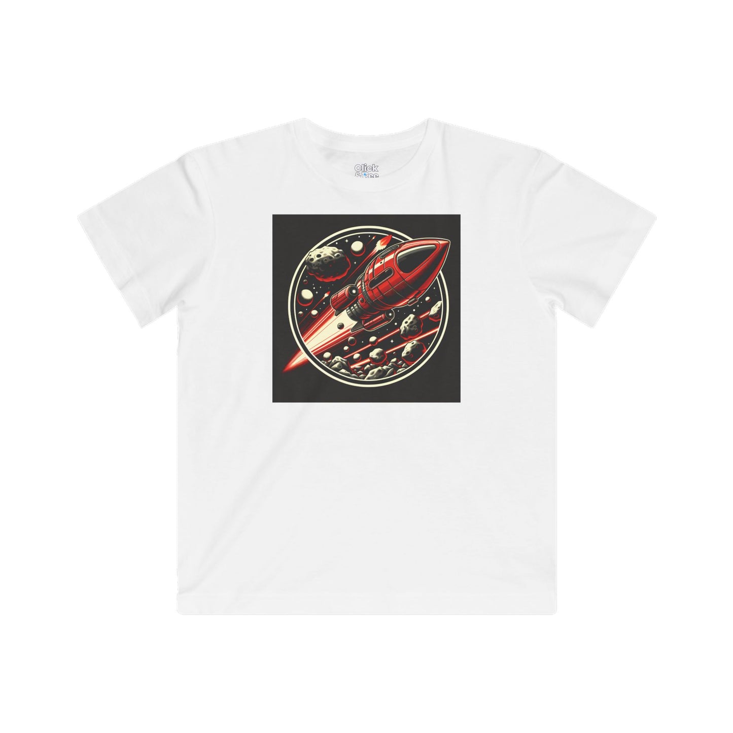 Kids Realistic T-Shirt - Retro-Futuristic Red Rocketship Racing through a treacherous asteroid field - Realistic Style T-Shirt