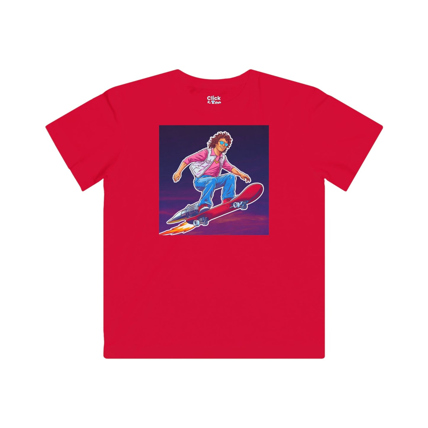 Kids 80s Neon T-Shirt - Tousled Adventurer Riding a Rocket-Powered Skateboard - 80s Neon Style T-Shirt