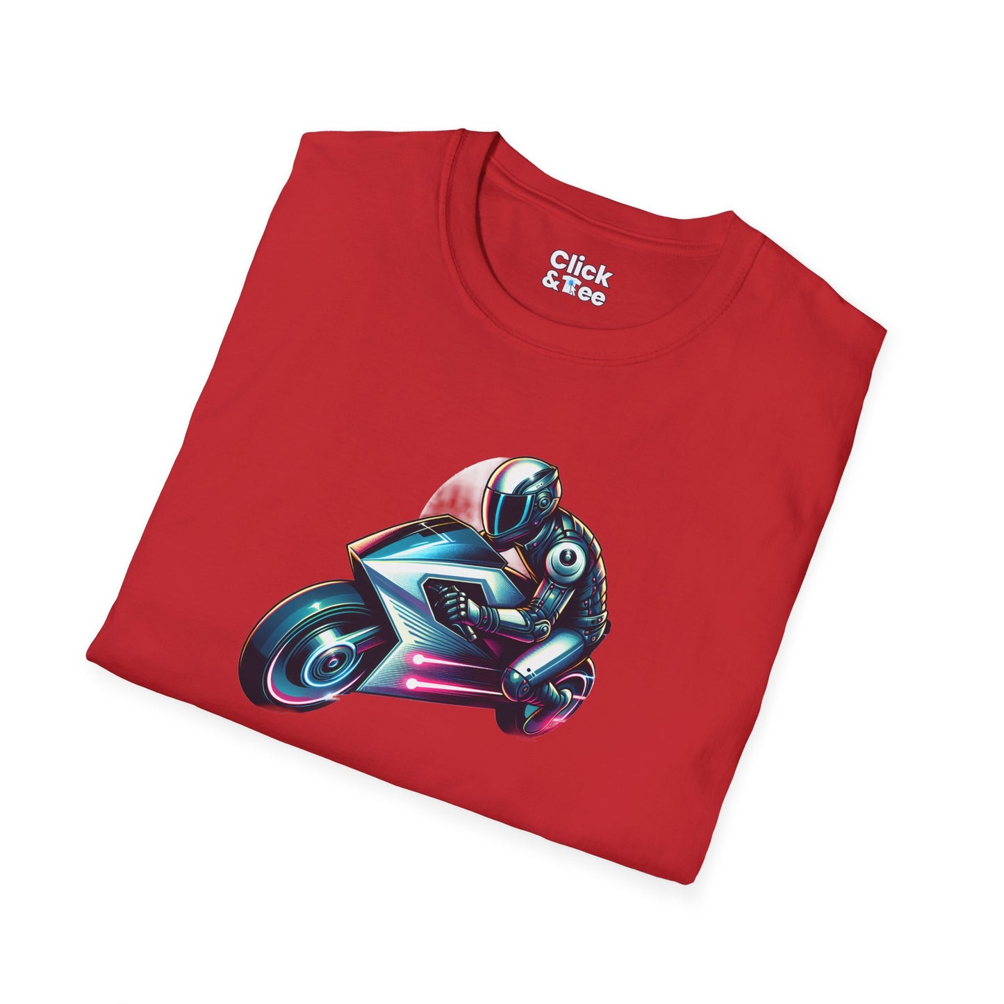 Synthwave T-Shirt - Futuristic Racer Riding a futuristic light bike - Synthwave Style T-Shirt
