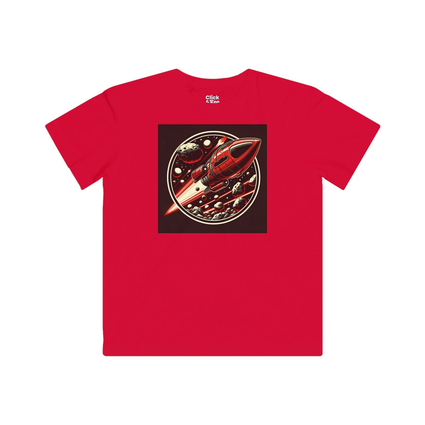 Kids Realistic T-Shirt - Retro-Futuristic Red Rocketship Racing through a treacherous asteroid field - Realistic Style T-Shirt