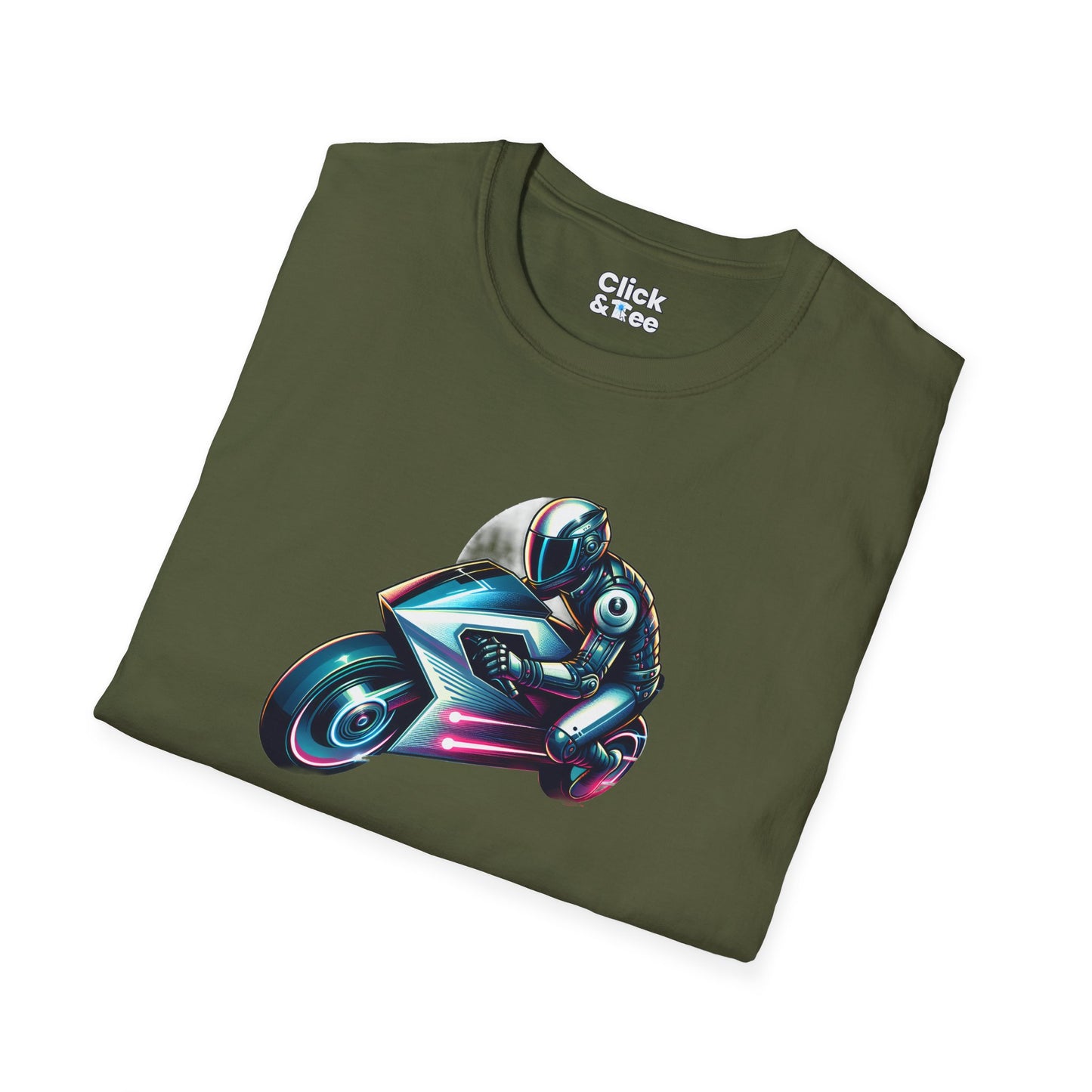 Synthwave T-Shirt - Futuristic Racer Riding a futuristic light bike - Synthwave Style T-Shirt