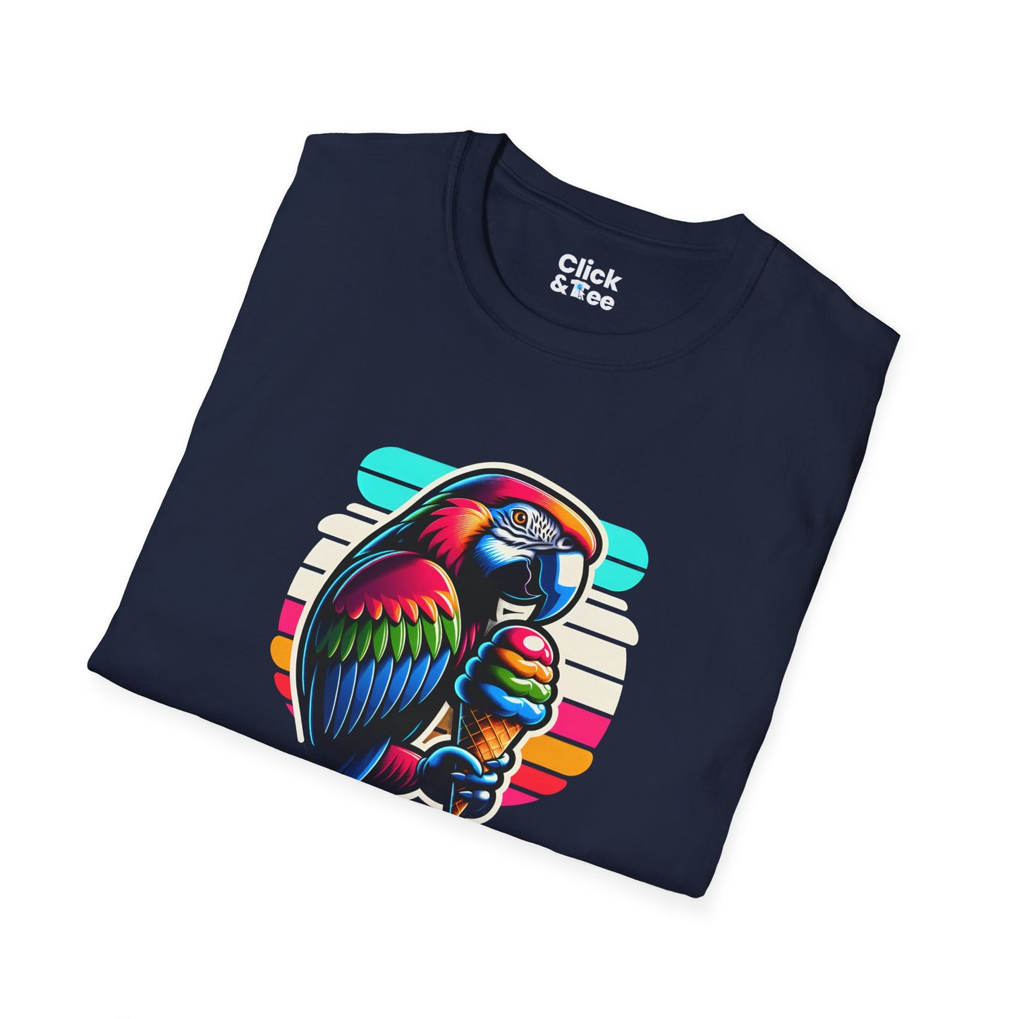 80s Neon T-Shirt - Tropical Parrot Eating rainbow ice cream - 80s Neon Style T-Shirt