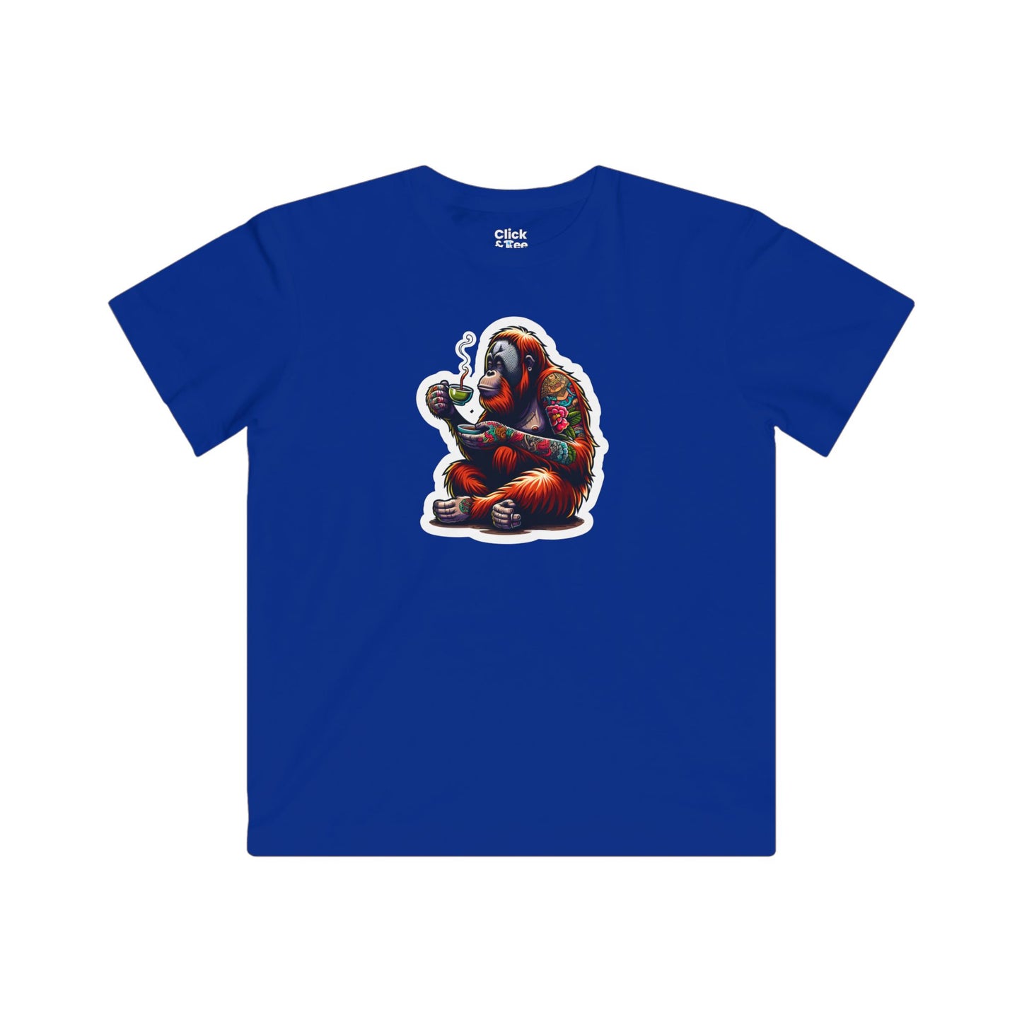Kids Color Splatter T-Shirt - Tattooed Orangutan Drinking Tea - Color Splatter Style T-Shirt