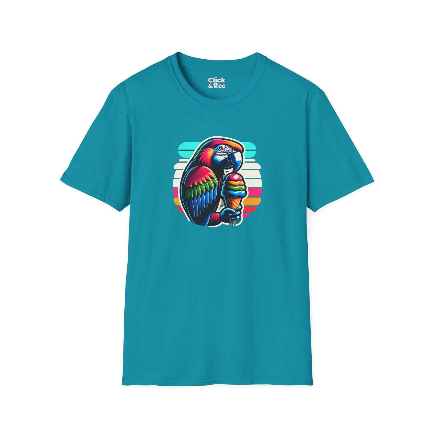 80s Neon T-Shirt - Tropical Parrot Eating rainbow ice cream - 80s Neon Style T-Shirt