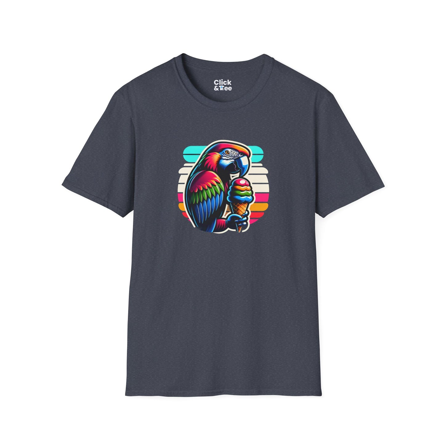 80s Neon T-Shirt - Tropical Parrot Eating rainbow ice cream - 80s Neon Style T-Shirt