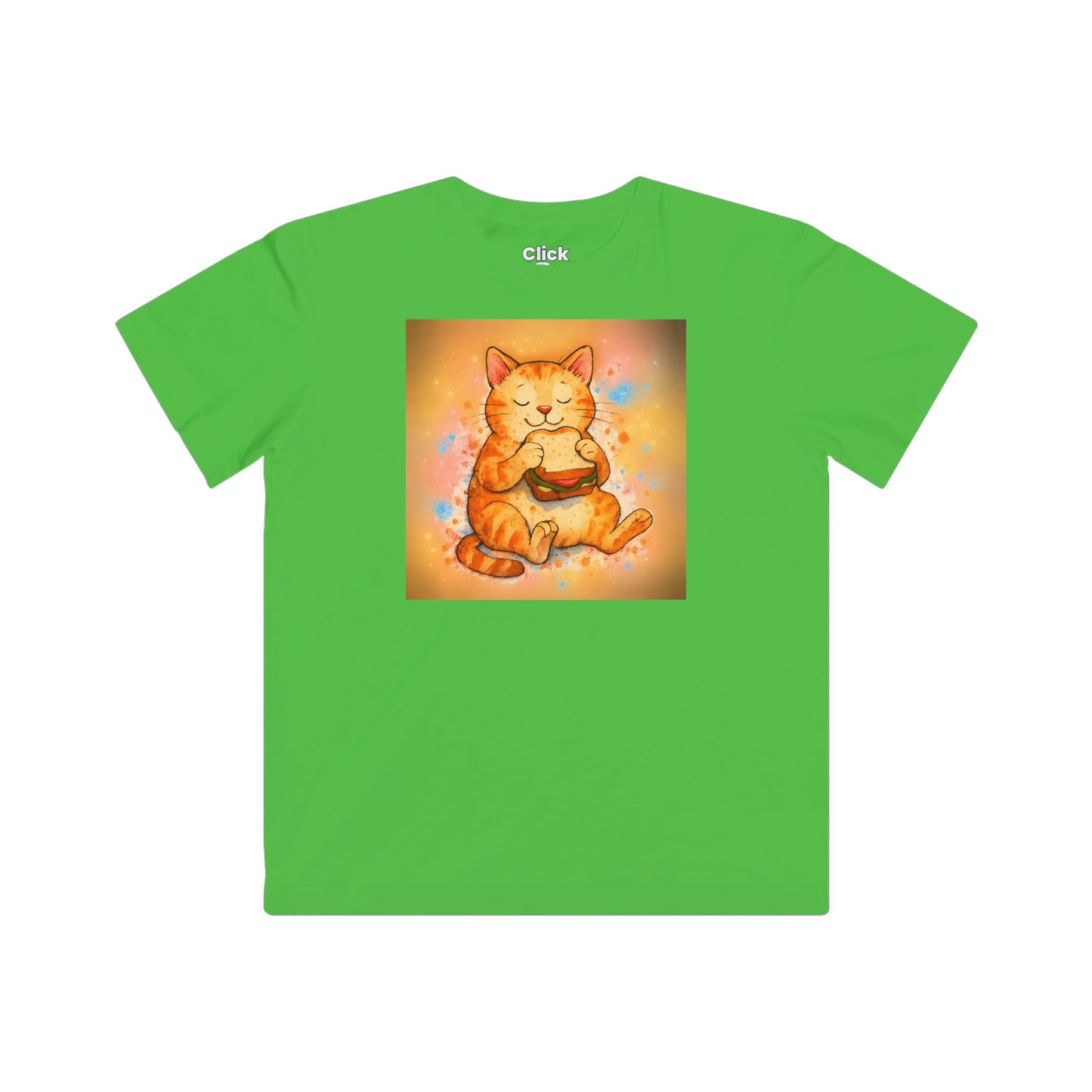 Kids Color Splatter T-Shirt - Relaxed Cat Eating a Sandwhich - Color Splatter Style T-Shirt