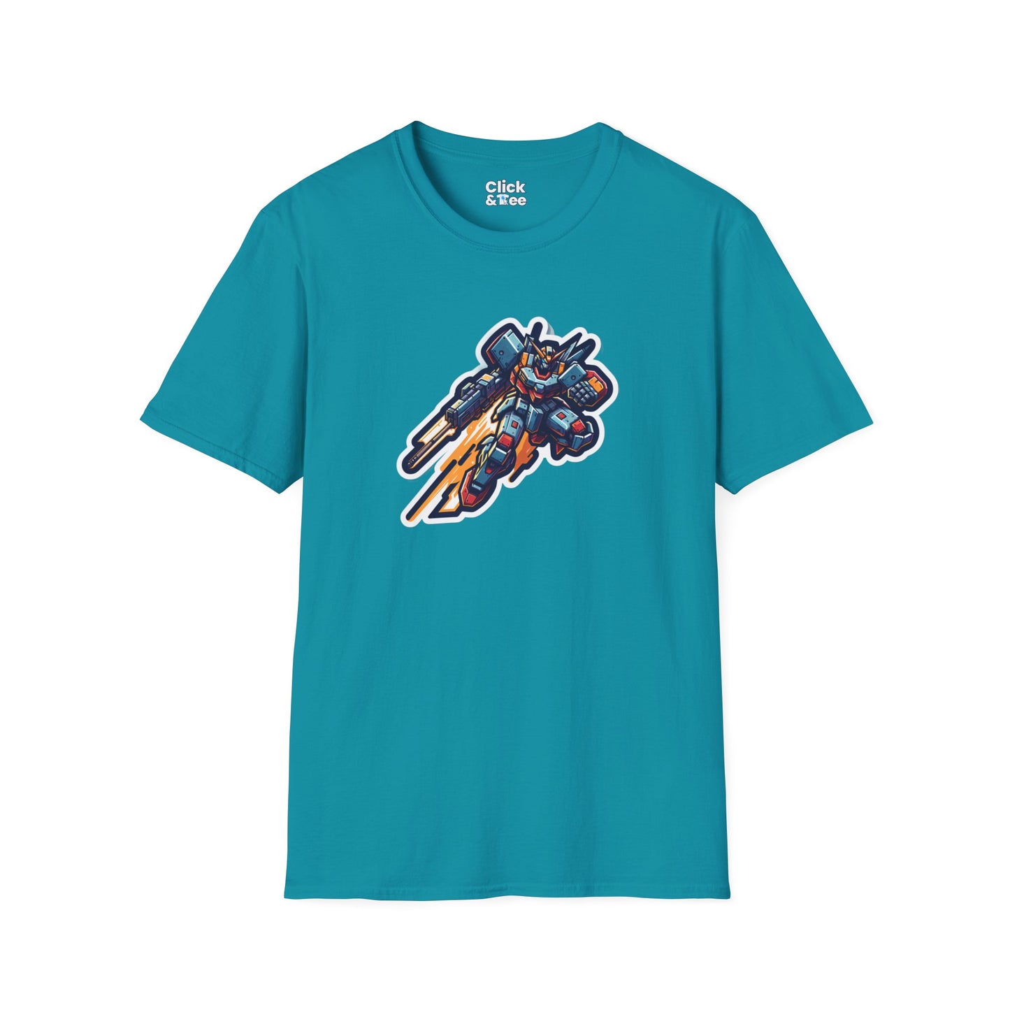 Retro T-Shirt - Battle-scarred Warrior mech rocketing through the air - Retro Style T-Shirt