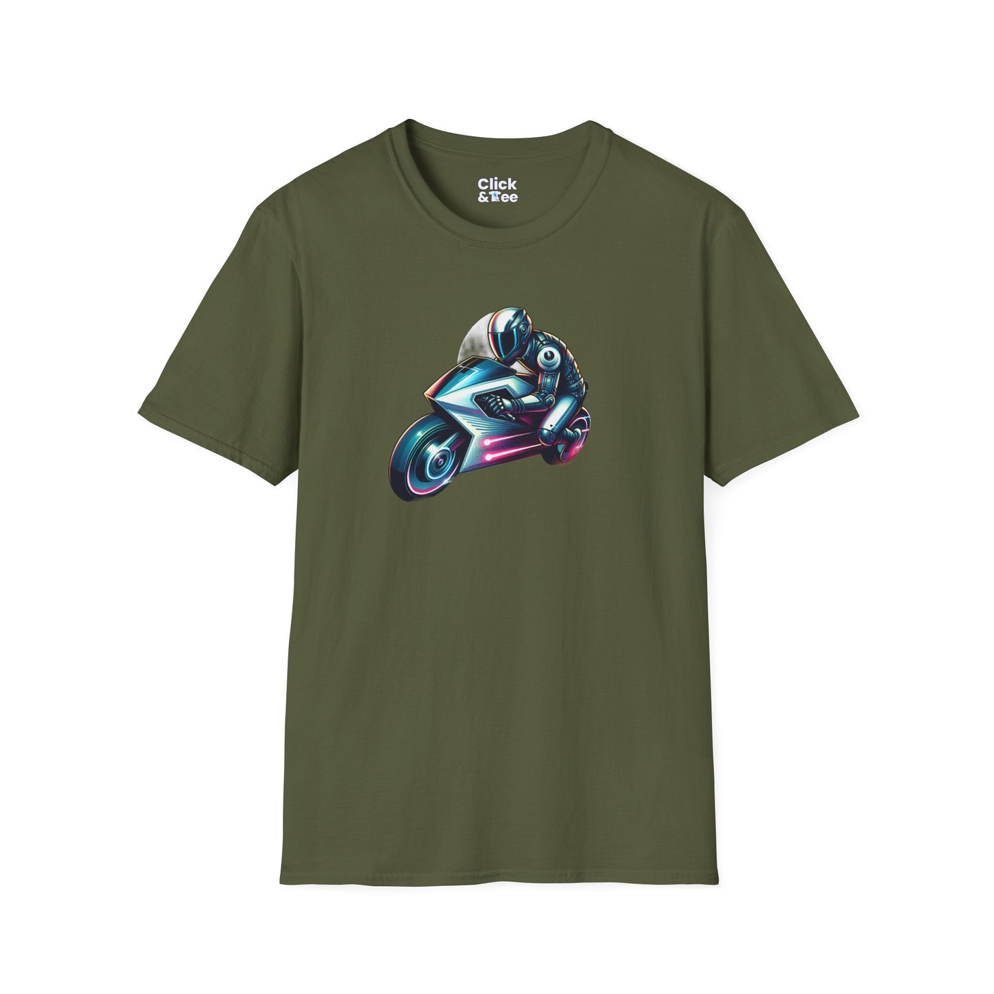Synthwave T-Shirt - Futuristic Racer Riding a futuristic light bike - Synthwave Style T-Shirt