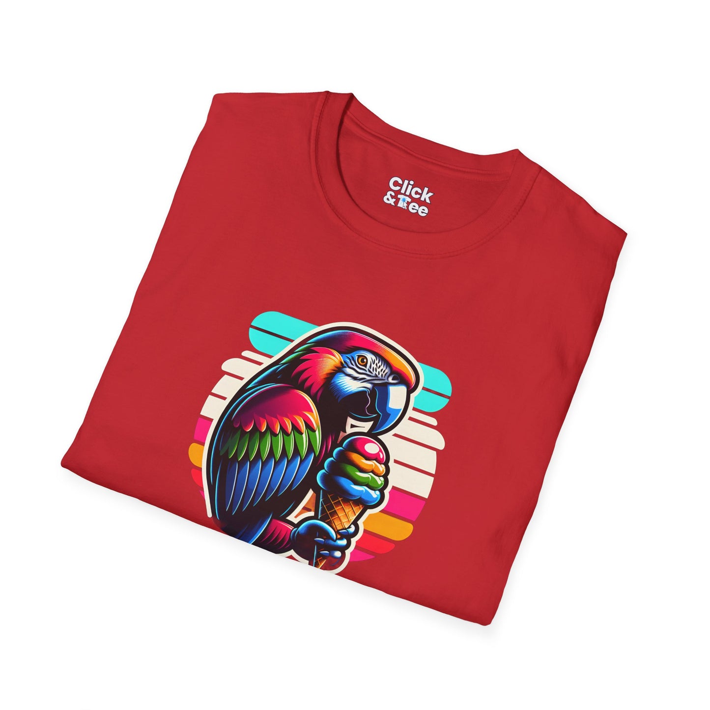 80s Neon T-Shirt - Tropical Parrot Eating rainbow ice cream - 80s Neon Style T-Shirt
