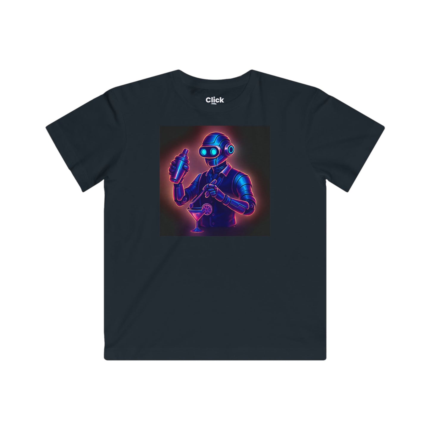 Kids Synthwave T-Shirt - Charming Robot Bartender Mixing a Cocktail - Synthwave Style T-Shirt