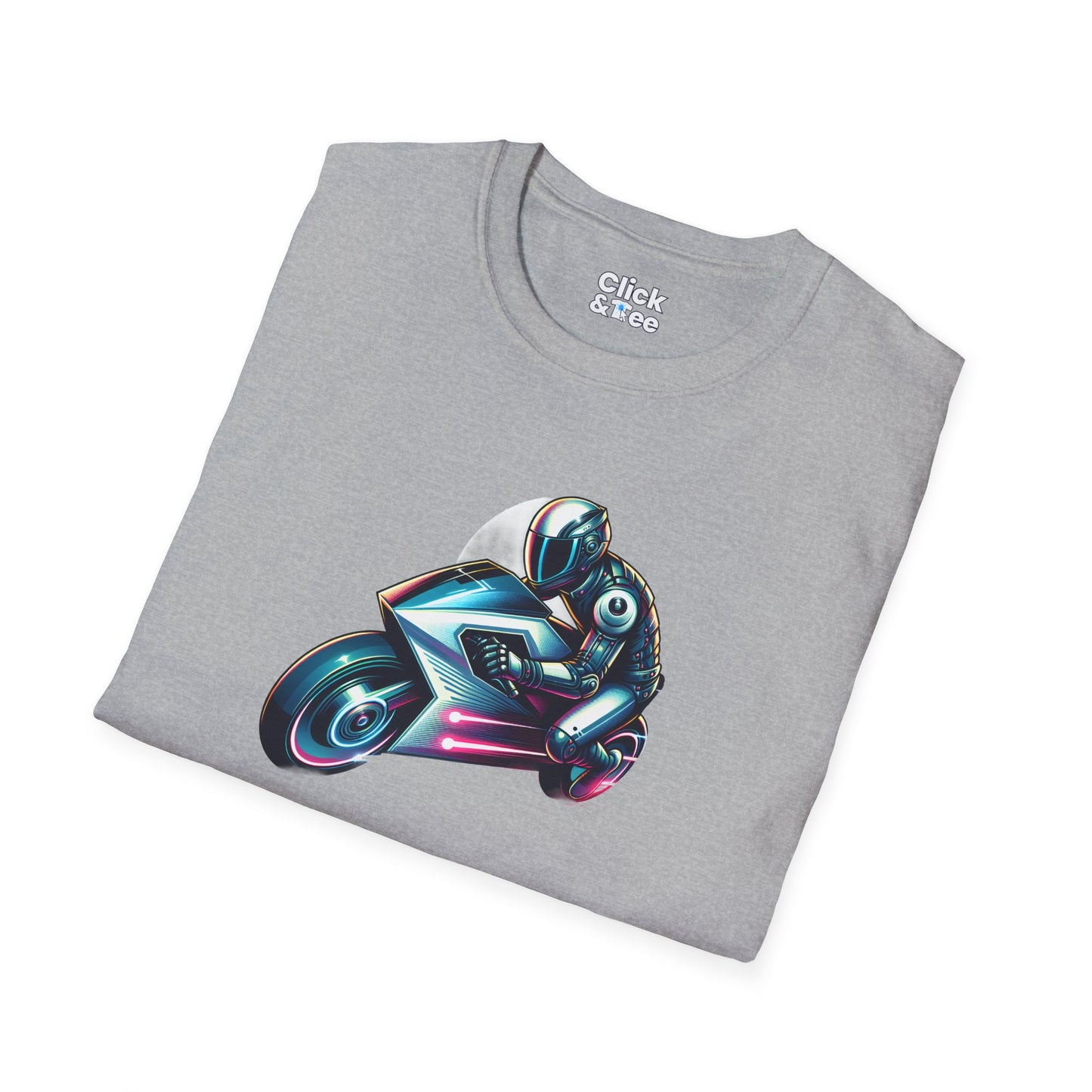 Synthwave T-Shirt - Futuristic Racer Riding a futuristic light bike - Synthwave Style T-Shirt