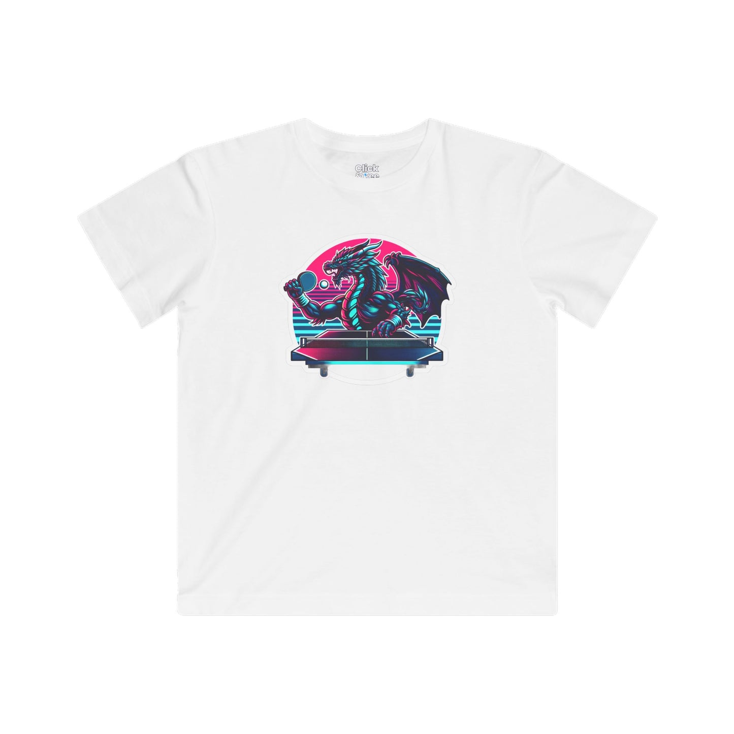 Kids Synthwave T-Shirt - Powerful Dragon Playing Ping Pong - Synthwave Style T-Shirt