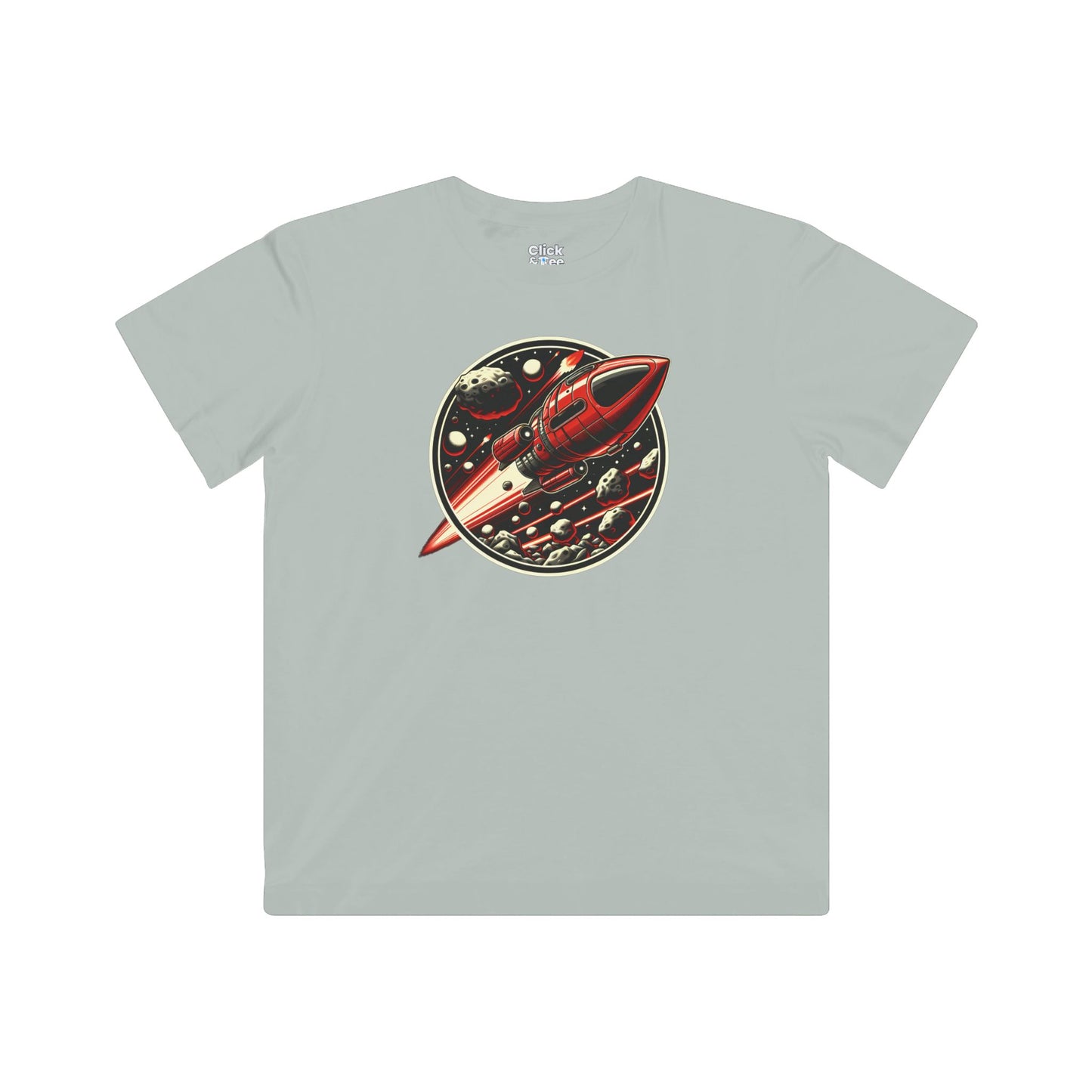 Kids Realistic T-Shirt - Retro-Futuristic Red Rocketship Racing through a treacherous asteroid field - Realistic Style T-Shirt