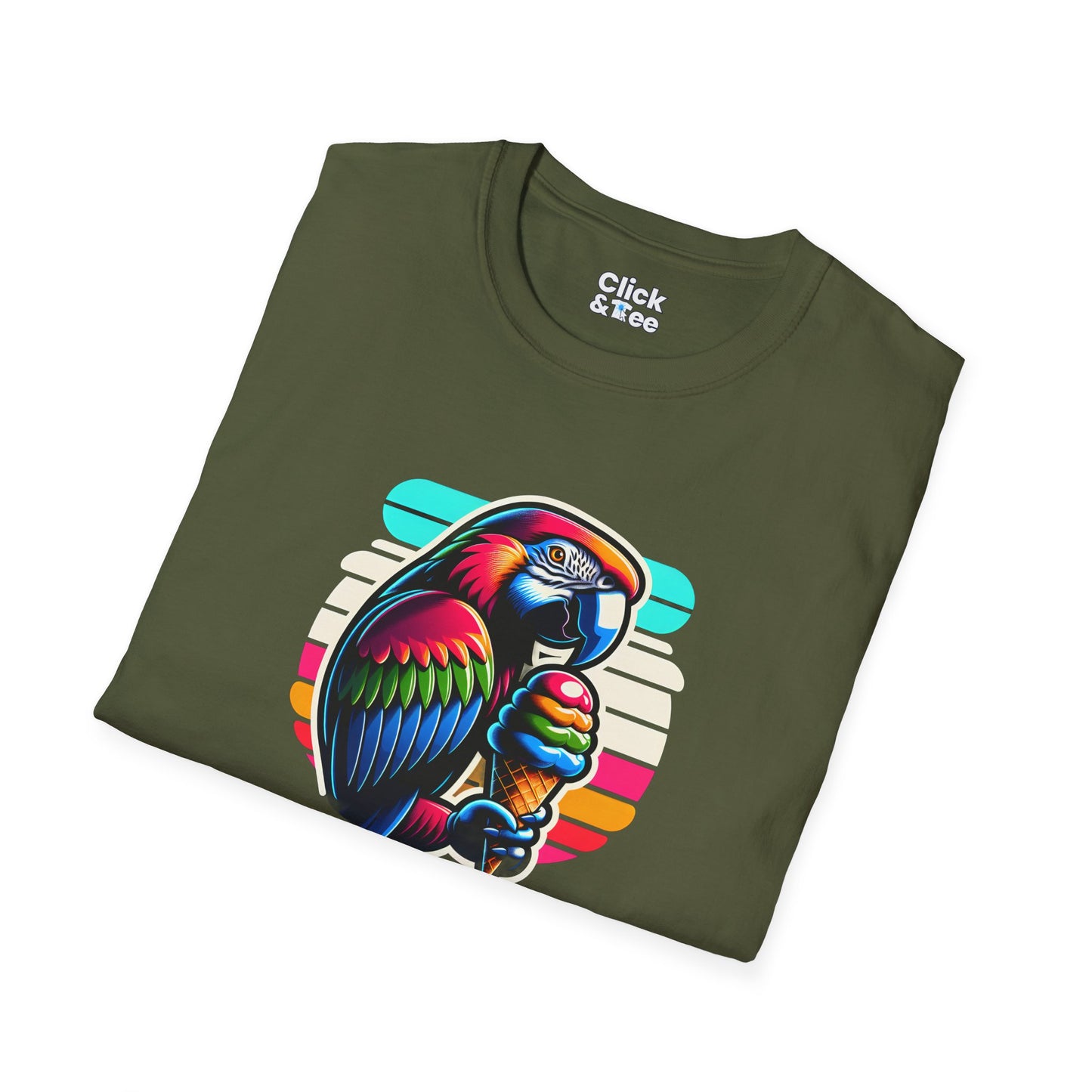 80s Neon T-Shirt - Tropical Parrot Eating rainbow ice cream - 80s Neon Style T-Shirt