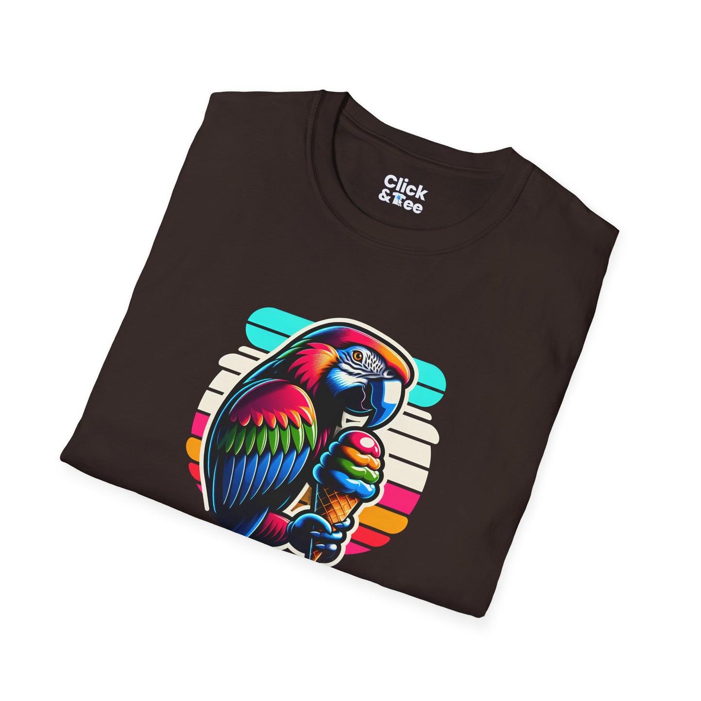 80s Neon T-Shirt - Tropical Parrot Eating rainbow ice cream - 80s Neon Style T-Shirt