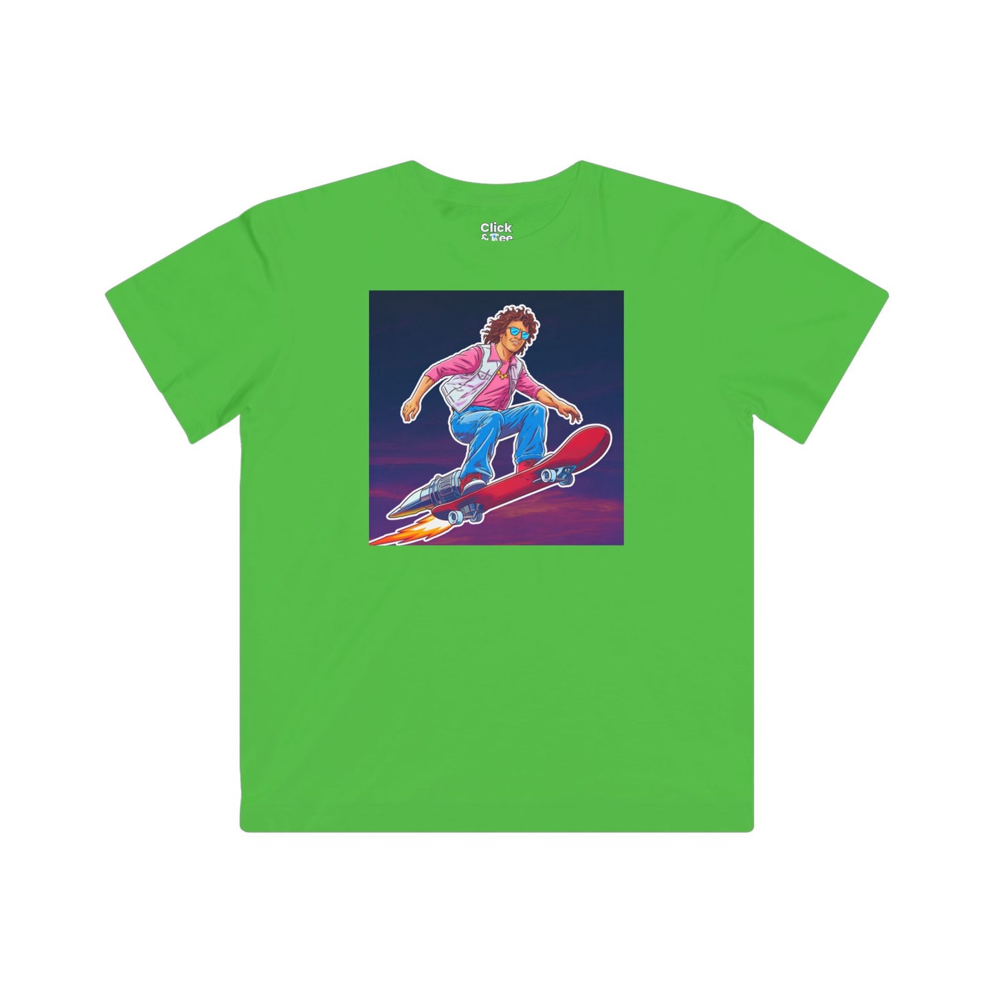 Kids 80s Neon T-Shirt - Tousled Adventurer Riding a Rocket-Powered Skateboard - 80s Neon Style T-Shirt