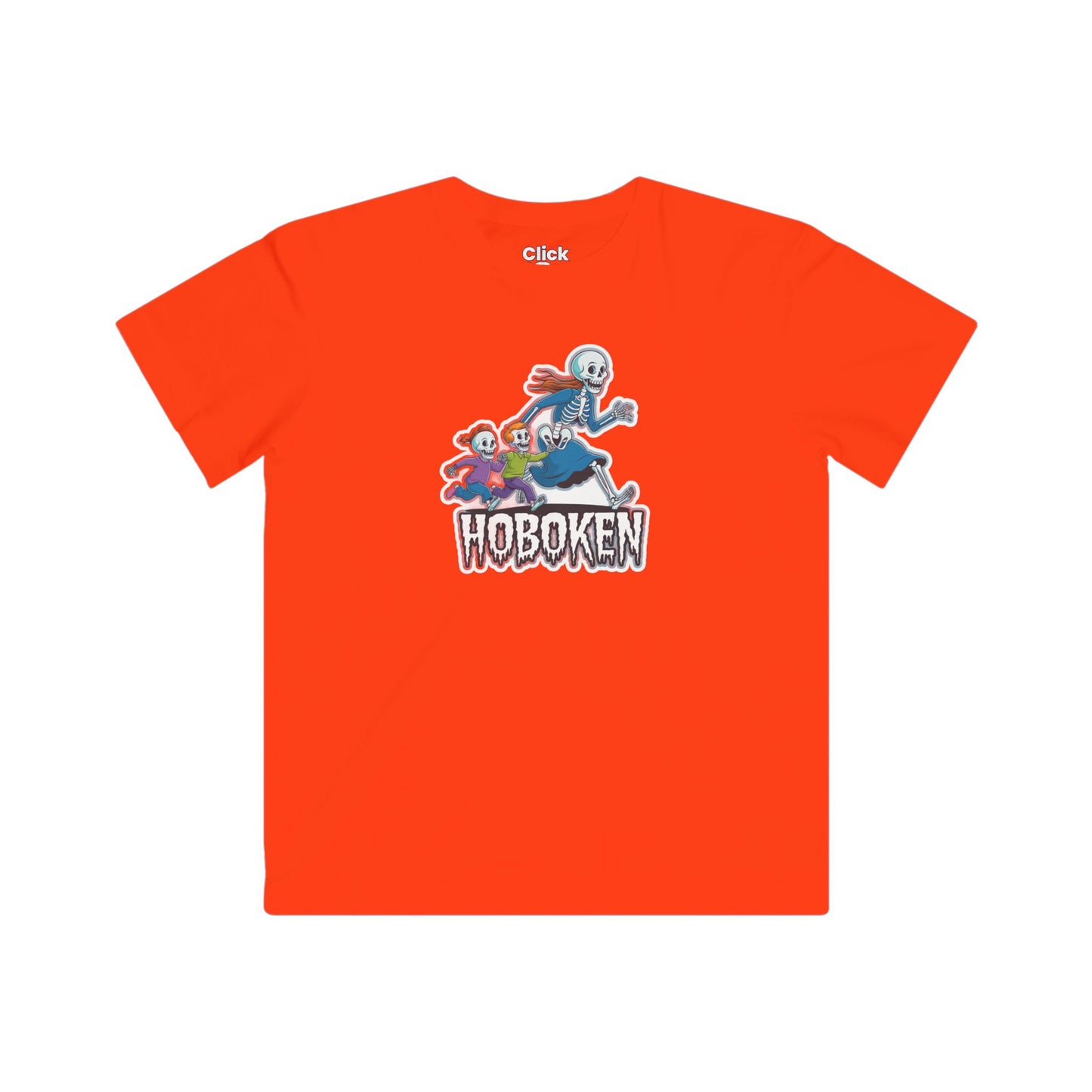 Kids Cartoon T-Shirt - Spooky Letter Art with a Skeleton Mom Chasing her Kids - Cartoon Style T-Shirt