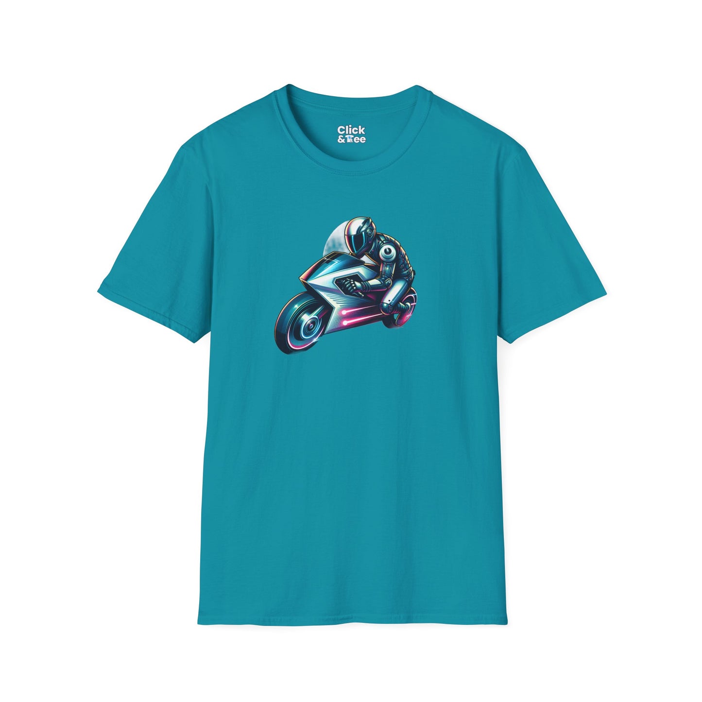 Synthwave T-Shirt - Futuristic Racer Riding a futuristic light bike - Synthwave Style T-Shirt