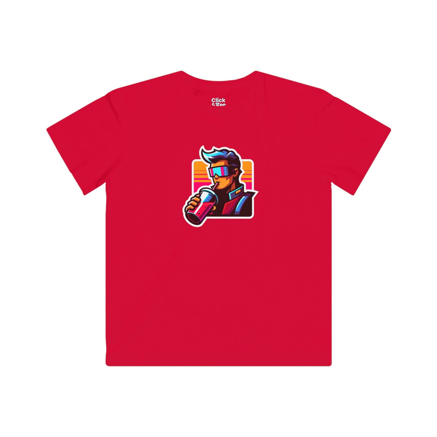 Kids Cartoon T-Shirt - Retro-futuristic Maverick Drinking a Smoothie - Cartoon Style T-Shirt