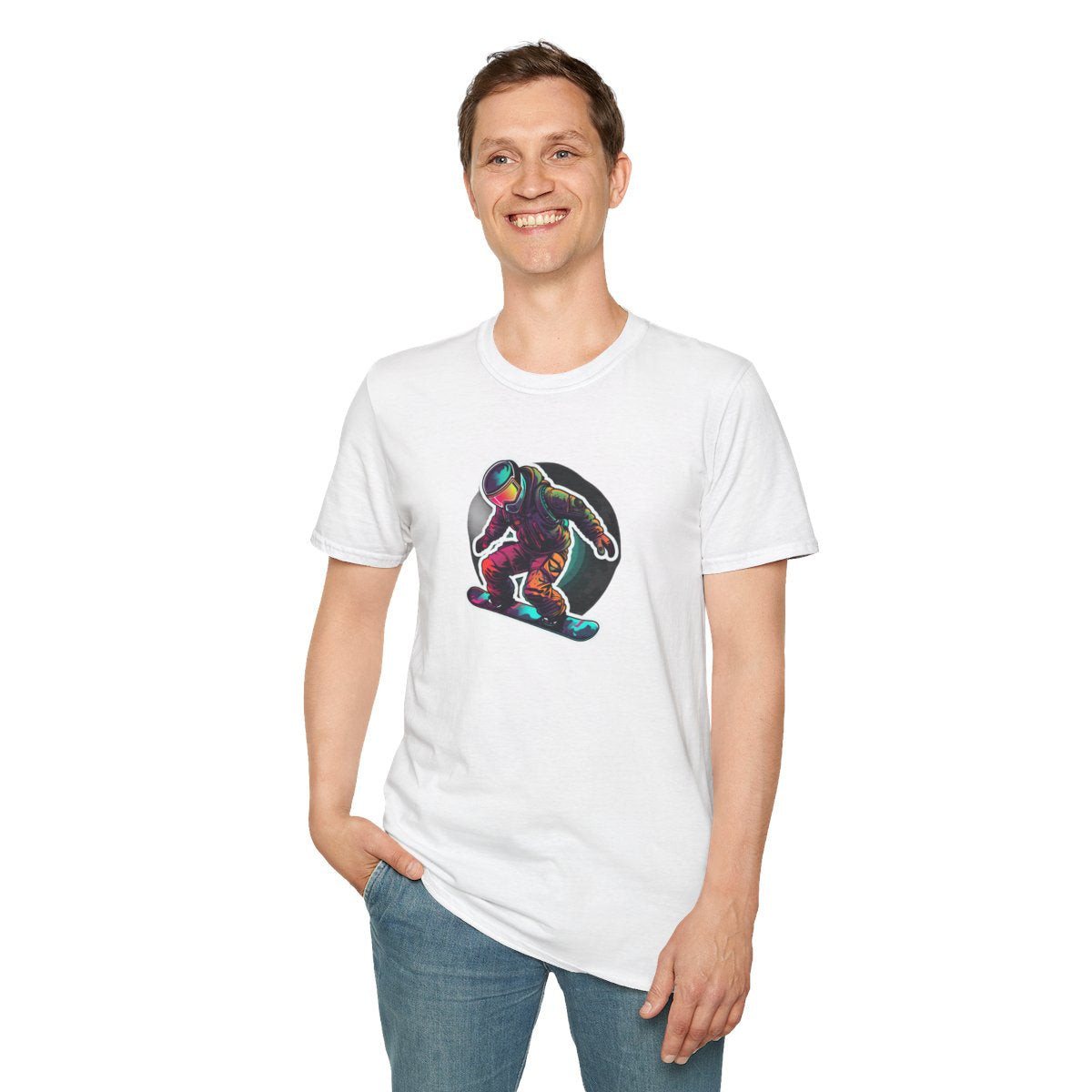 Retro T-Shirt - Aggressive Robot Snowboarder Flying through the air - Retro Style T-Shirt